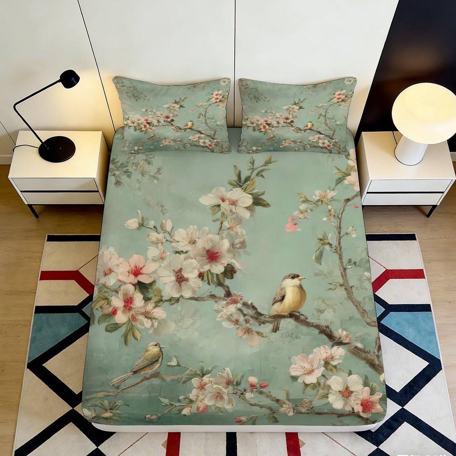 3D Printed Blossom Bird Fitted Sheet Microfiber Soft Non-Slip Floral Branch Bed Cover for Bedroom Guestroom 90x200x25cm