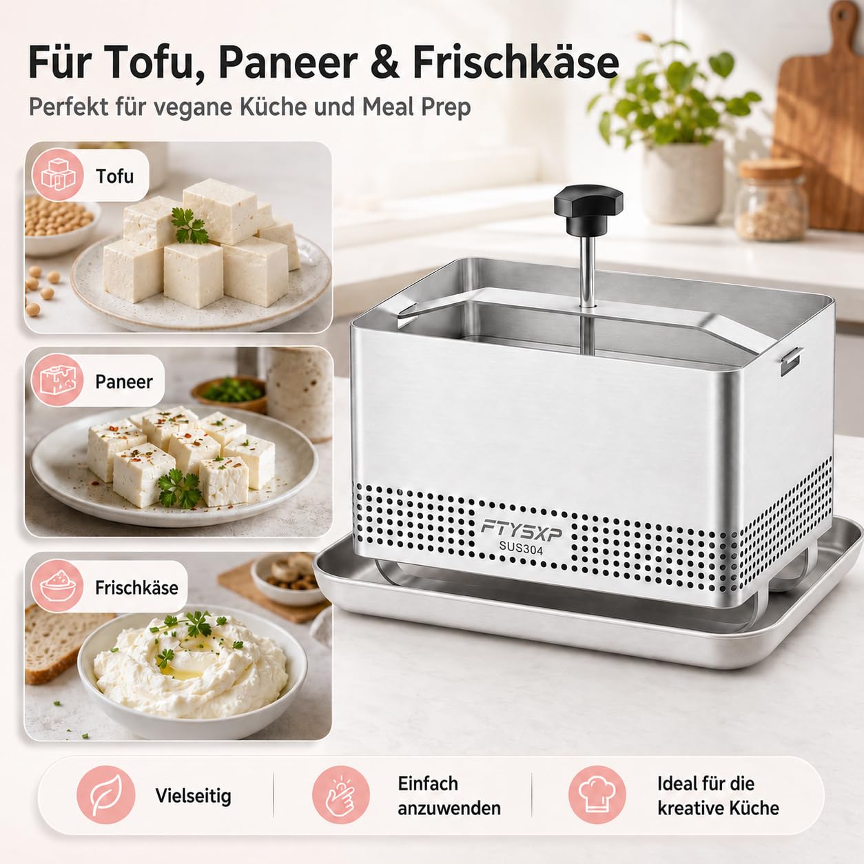 Pressa per tofu in acciaio inox 304, con pressione regolabile, pressa per formaggio e paneer, con vaschetta antigoccia e panno per formaggio, senza BPA, lavabile in lavastoviglie, per tofu