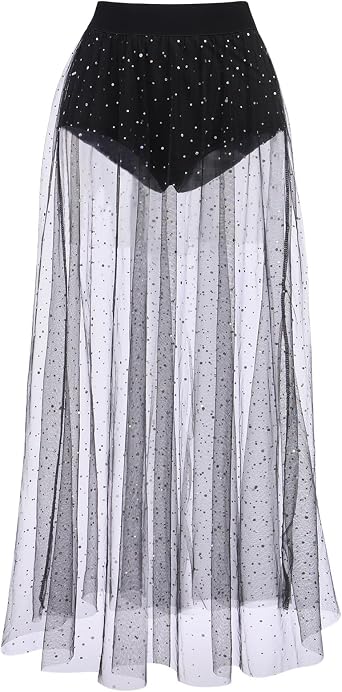 FYMNSI Women 2 in 1 Sheer Mesh Stars Sequins Maxi Tulle Skirt High Waist See Through A-Line Long Skirt Festival Rave Outfit