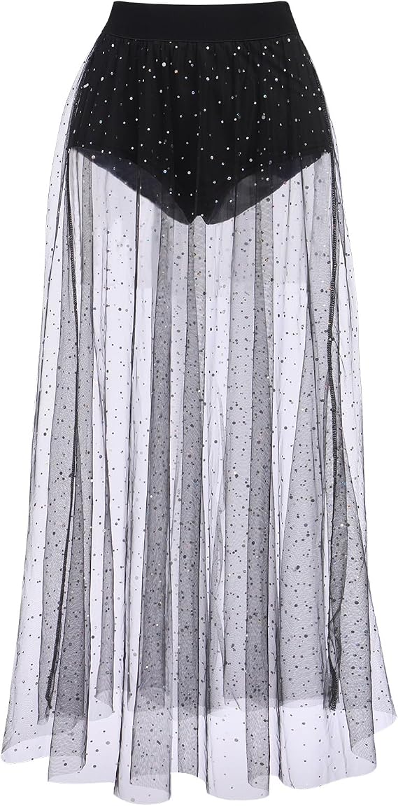 FYMNSI Women 2 in 1 Sheer Mesh Stars Sequins Maxi Tulle Skirt High Waist See Through A-Line Long Skirt Festival Rave Outfit