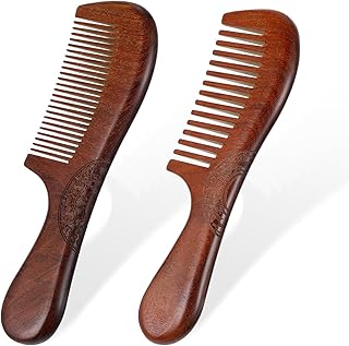2 Pcs Wood Comb Medium Wide Tooth Wooden Comb for Women Men Hair Growth Sandalwood for Curly Hair No Static with Handle - Ebony Wood