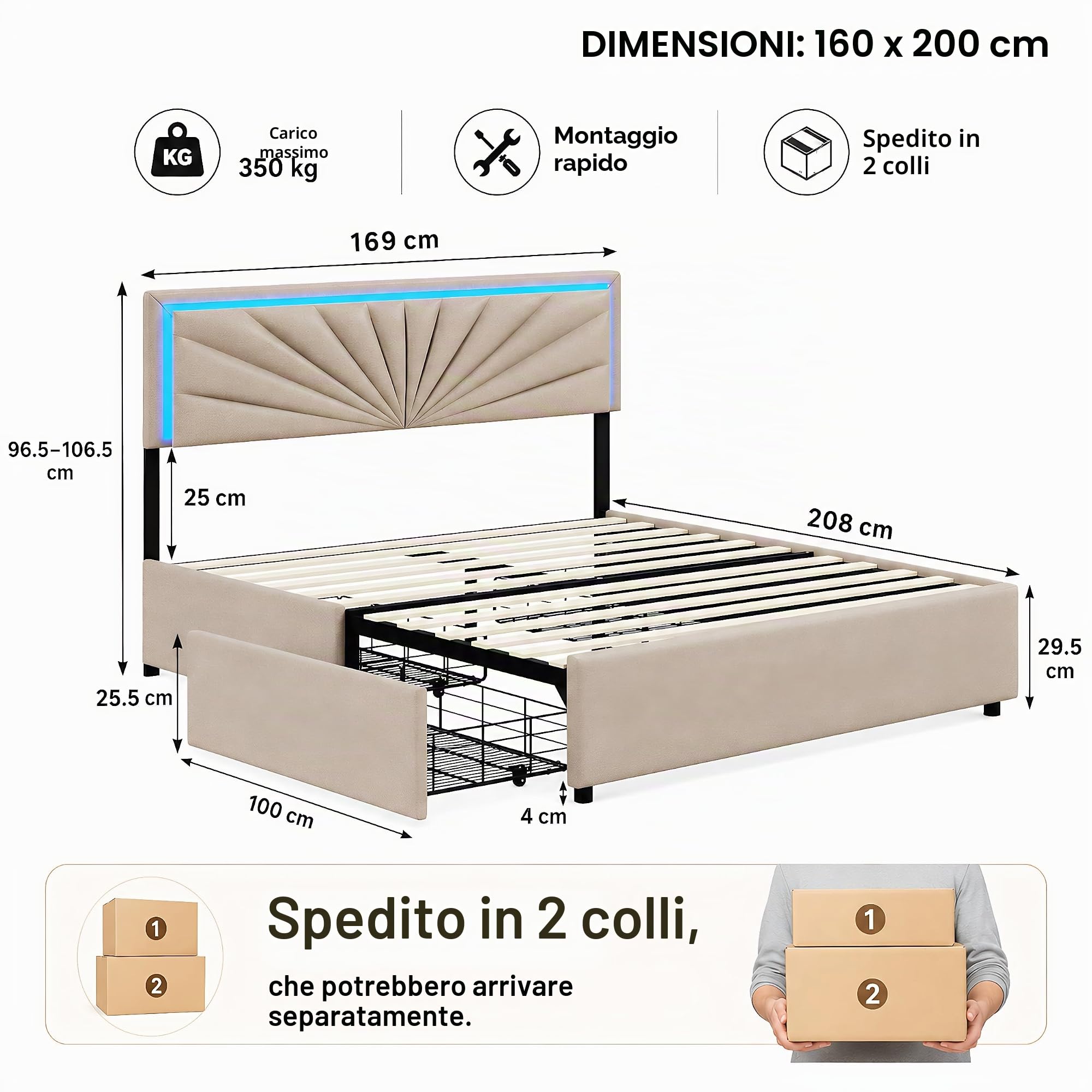 BRILVERDE Letto imbottito 160x200 con Contenitore, letto matrimoniale con LED, con 4 cassetti, letto funzionale con testiera, struttura letto con rete a doghe, Lino (Beige, 160 x 200 cm)