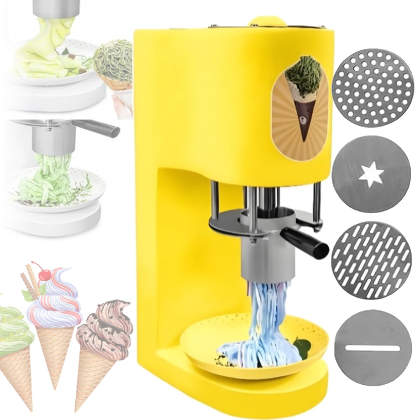 Quixnova Commercial Spaghetti Ice Cream Machine – 80W Stainless Steel Ice Cream Press with 4 Noodle Molds – Professional Ice Cream Noodle Extruder for Dessert Buffets, Catering, and Events Yellow
