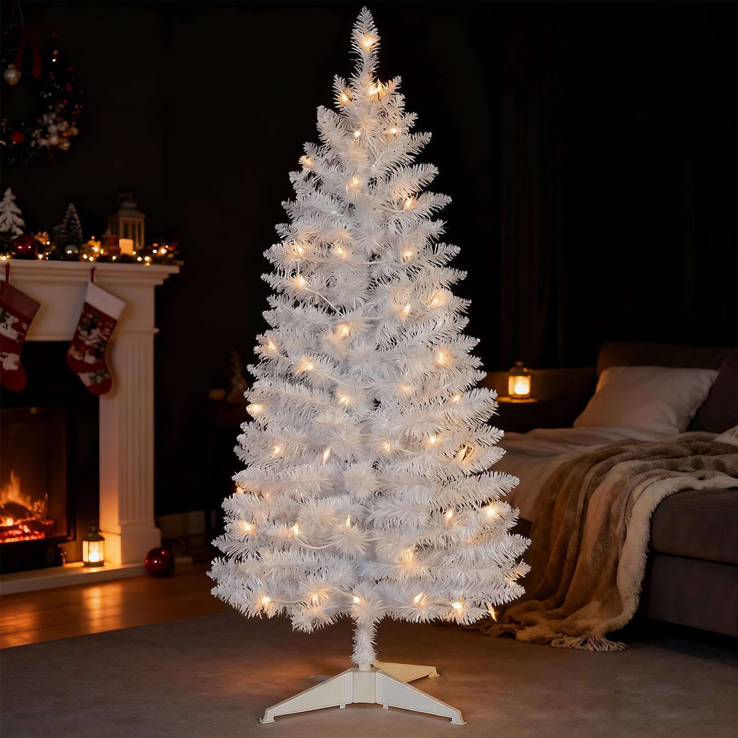 4ft Lighted Artificial White Christmas Tree | Leeheeyee Small Christmas Tree, Not Pre-lit White Tinsel Pine Trees with Lights, Ideal for Home, Office, and Xmas Tree Party Décor 4ft White