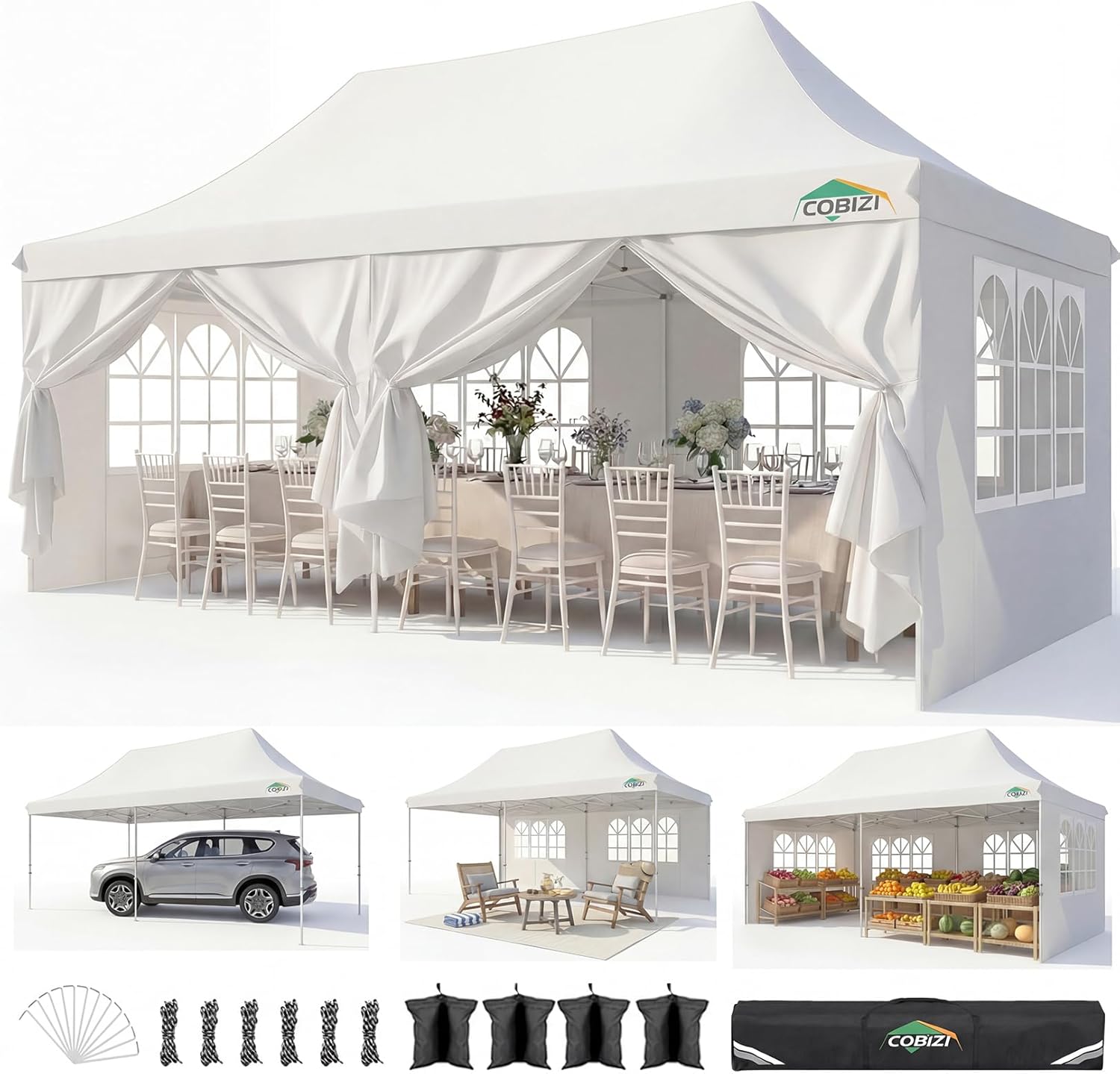 COBIZI 10x20 Pop Up Canopy with 6 Sidewalls, Conical Canopy Tents for Parties, Backyard, Commercial, Waterproof Event Tent Instant Shelter UV50+ Outdoor Gazebo with 4 Sandbags (Peak Drainage)