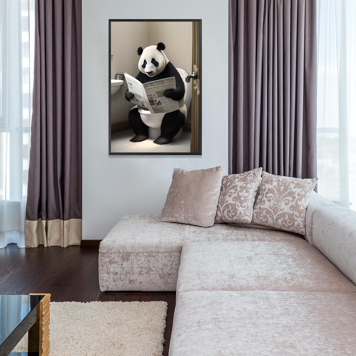 KOEUIRW Funny Panda Bathroom Canvas Wall Art Cute Panda In Toilet Posters Black and White Animal Prints Painting Maximalist Mid Century Modern Aesthetic Wall Decor for 24x36in Framed