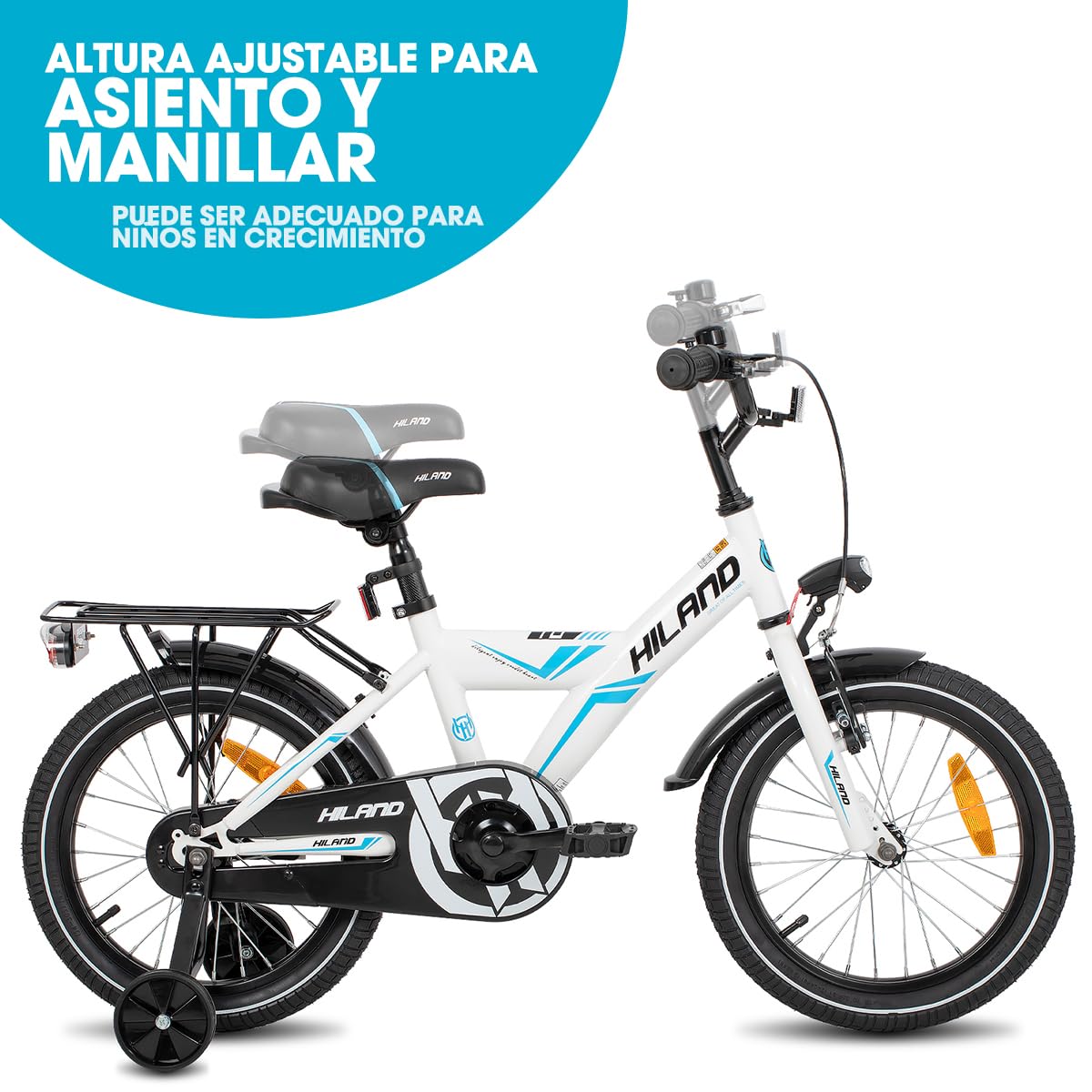 HILAND Sentry Bicicleta Infantil 16/18 Pulgadas, 4–8 Años, para Niños y Niñas, con Portaequipajes, Freno de Mano y Freno Contrapedal, Negro/Blanco