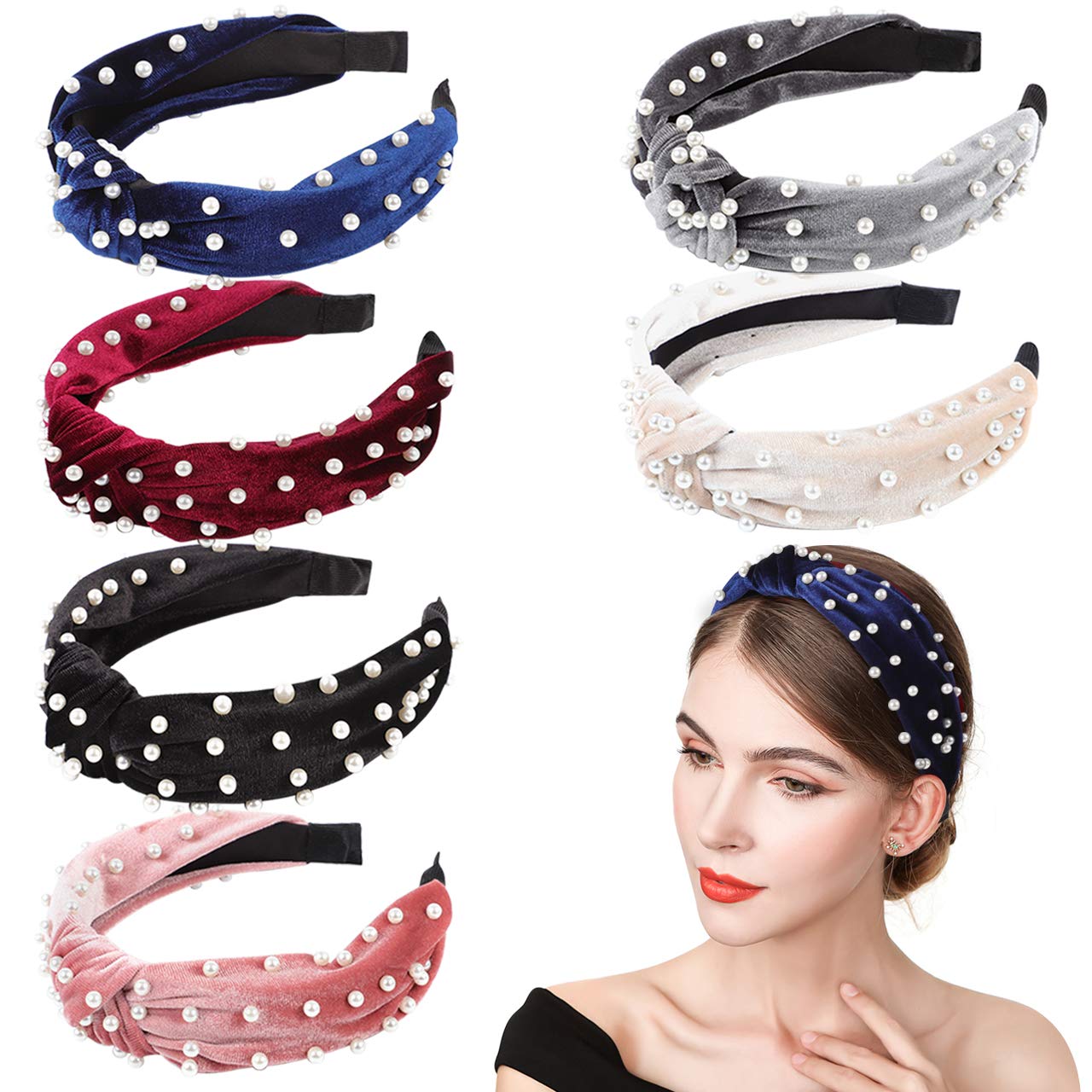 InnoGear Headbands for Women, 6 Pack Velvet Wide Headband Knot Turban Headbands Vintage Hairband with Faux Pearl Elastic Hair Hoops Fashionable Hair Accessories for Women and Girls, Dark
