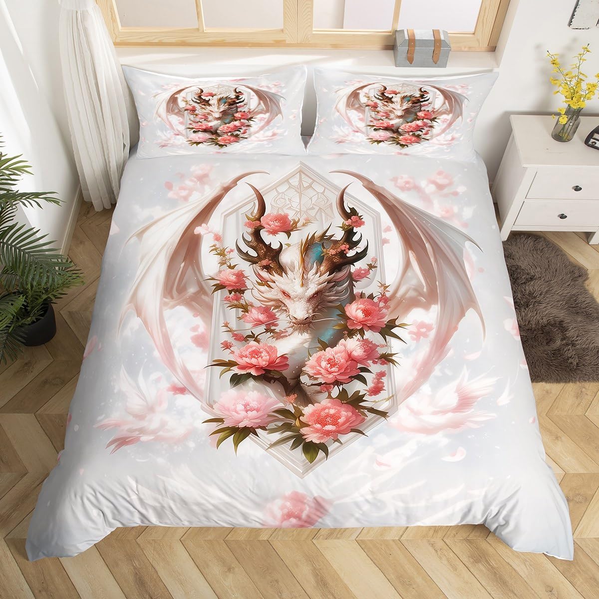 Dragon Flower Duvet Cover Set King,Blossom Floral Dragon Comforter Cover Kids Boys Girls Room Decor,Dreamy Magical Animal Bedding Set 3Pcs,Nature Botanical Wildlife Bedspreads Cover,2 Pillowcases