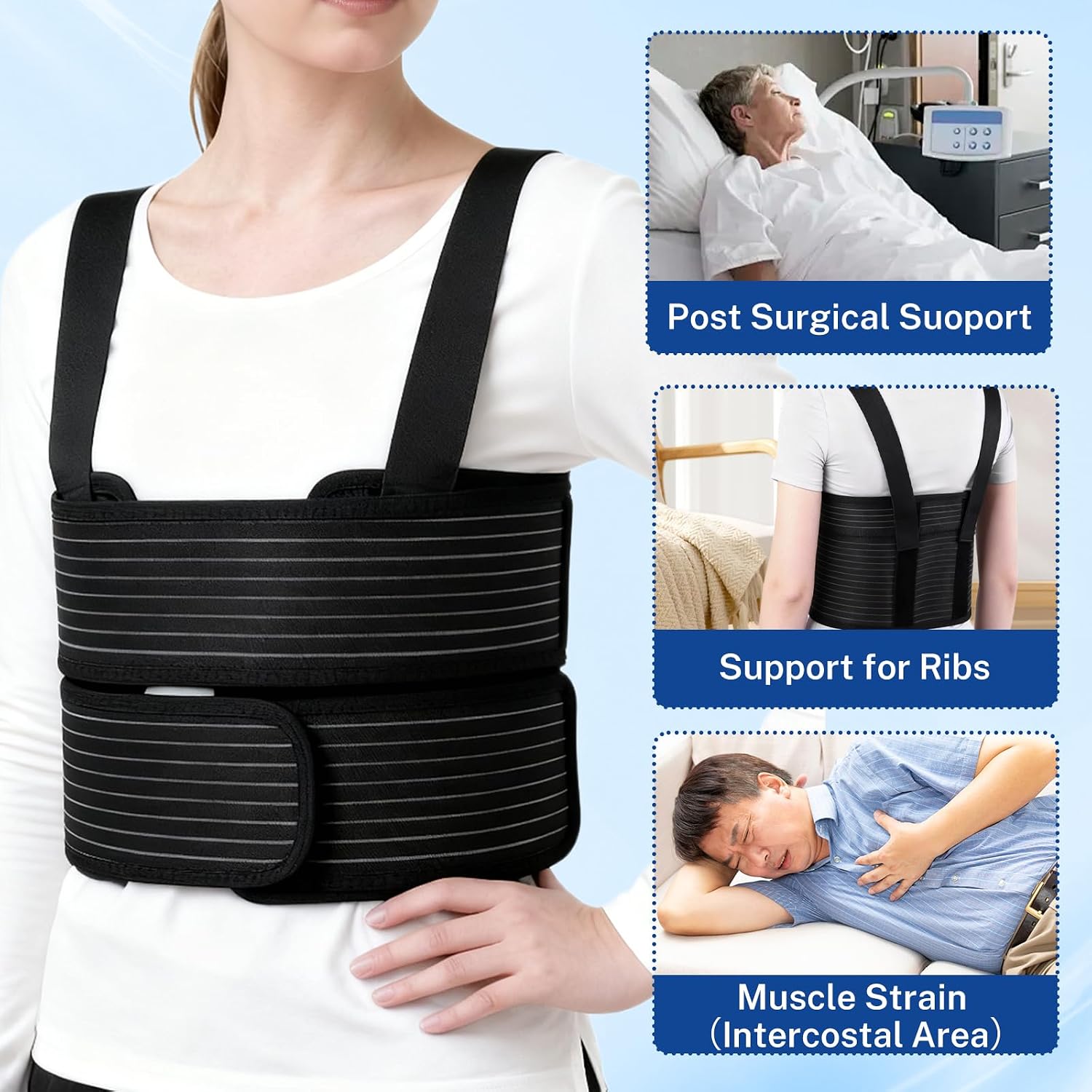 Rib Injury Chest Binder Brace for Cracked Ribs - Rib Support Brace for Women and Men, Rib Cage Support Belts Chest Compression Wrap for Bruised, Fractured or Dislocated Ribs Protection, Compression Wrap and Chest Support (Medium (Fits 40"-46"))