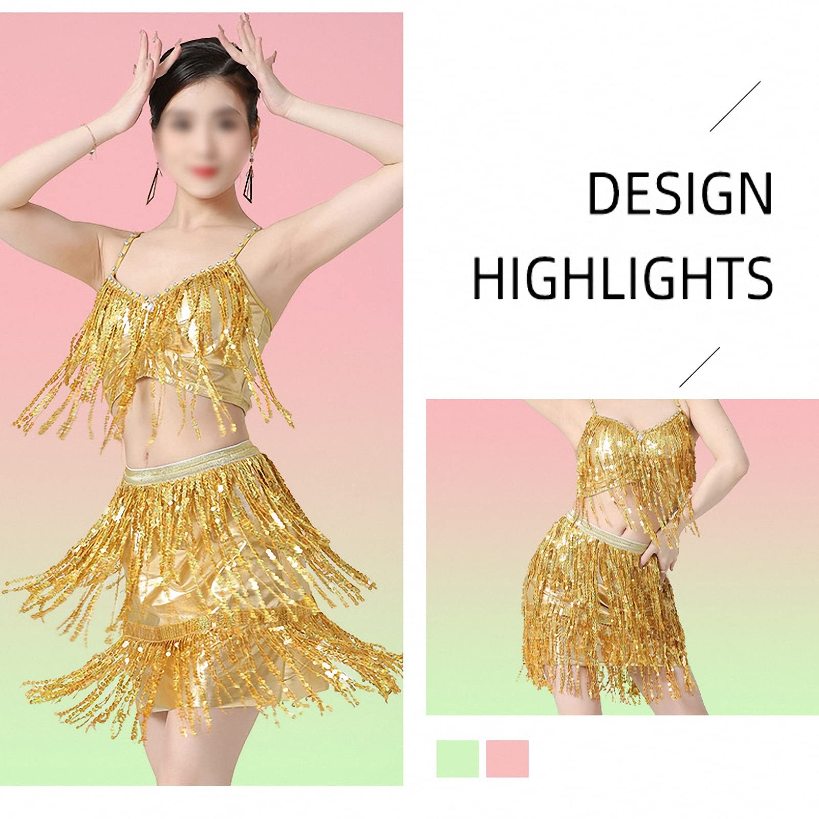 Top de Tirantes de Baile Latino con Flecos de Lentejuelas para Mujer con Almohadilla en el Pecho + Traje de Falda, Trajes de competición de Danza del Vientre/Pole Dance