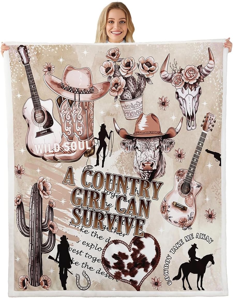 Castle Fairy Western Cowgirl Blankets,Cactus Highland Cow Fur Print Throw Blanket,Southwest Inspirational Quotes Fleece Blanket for Kids Girls Boys Adult,Rustic Vintage Brown Sherpa Blanket