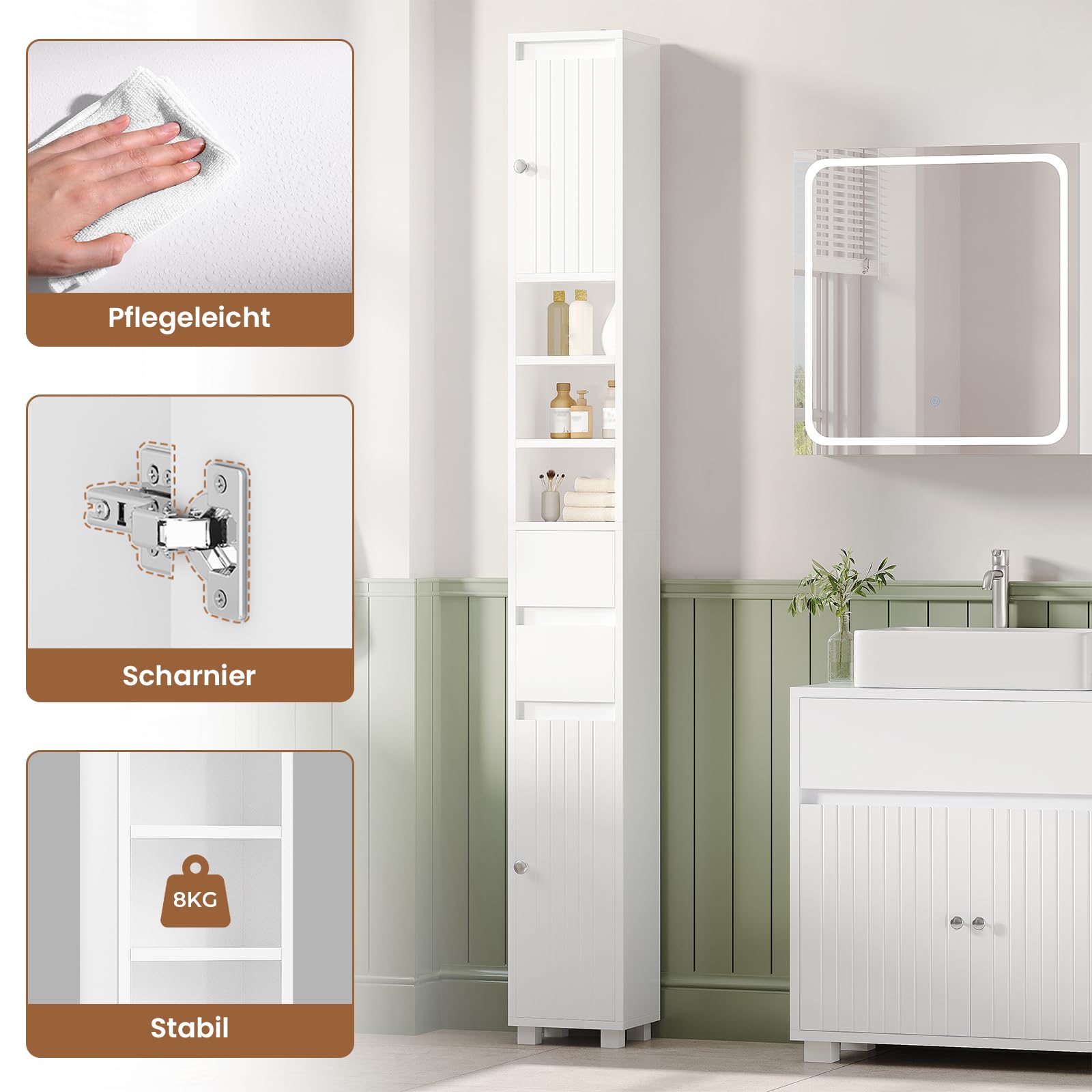 Meuble Colonne de Salle de Bain, Meuble de Rangement avec Étagères Réglables, 2 Tiroirs, Compartiments Ouverts, Armoire Toilette Haute pour Les Petits Espaces, Blanc, 20 x 20 x 180 cm