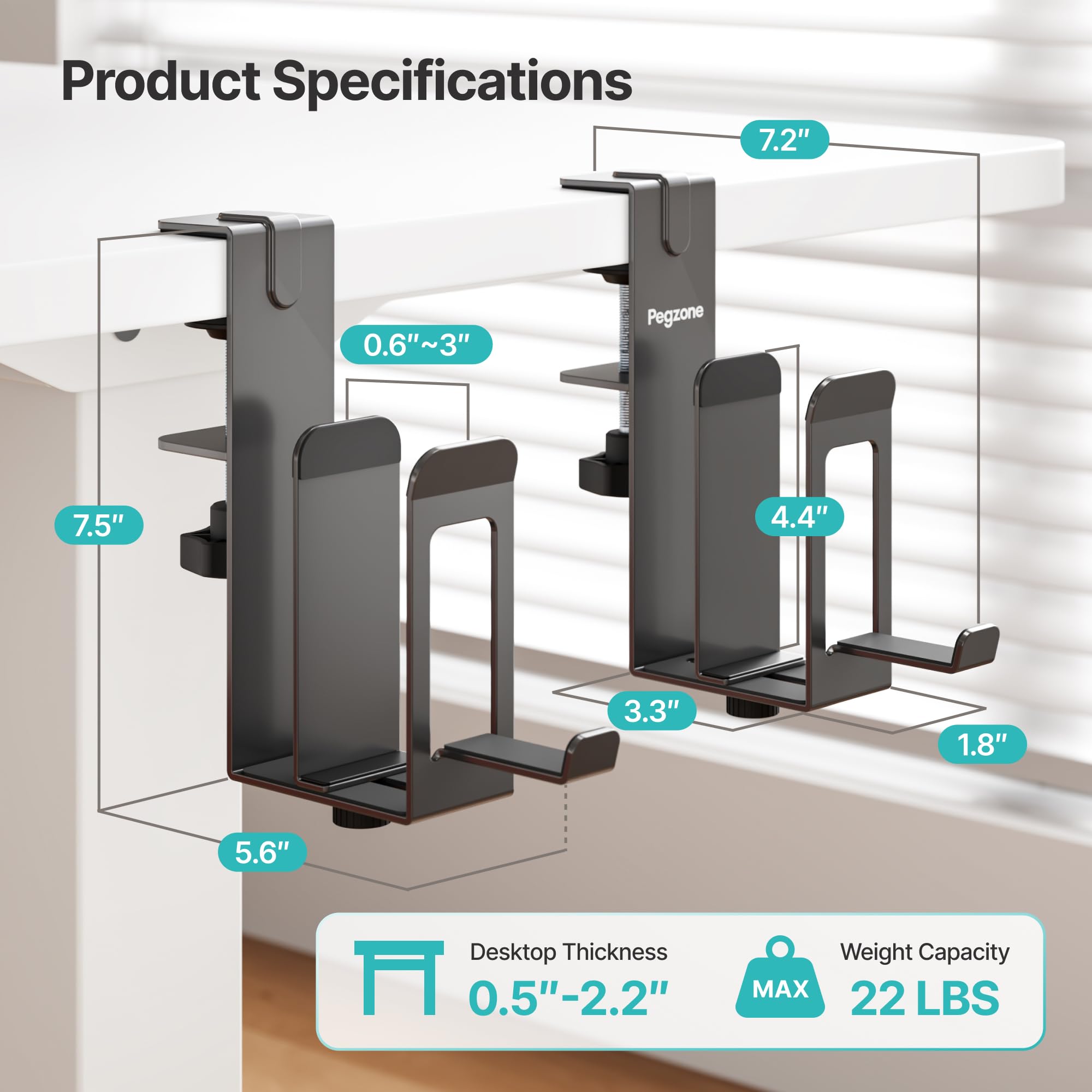 PEGZONE Supporto per laptop verticale, 2 slot sotto la scrivania, supporto per laptop, portaoggetti laterale da scrivania con supporto per cuffie, organizer per laptop per giochi in ufficio, nero