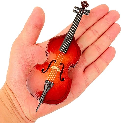 Miniatura 2 de Dselvgvu - Contrabajo en miniatura de madera con soporte, arco y estuche, réplica de mini instrumento musical coleccionable, modelo de casa de