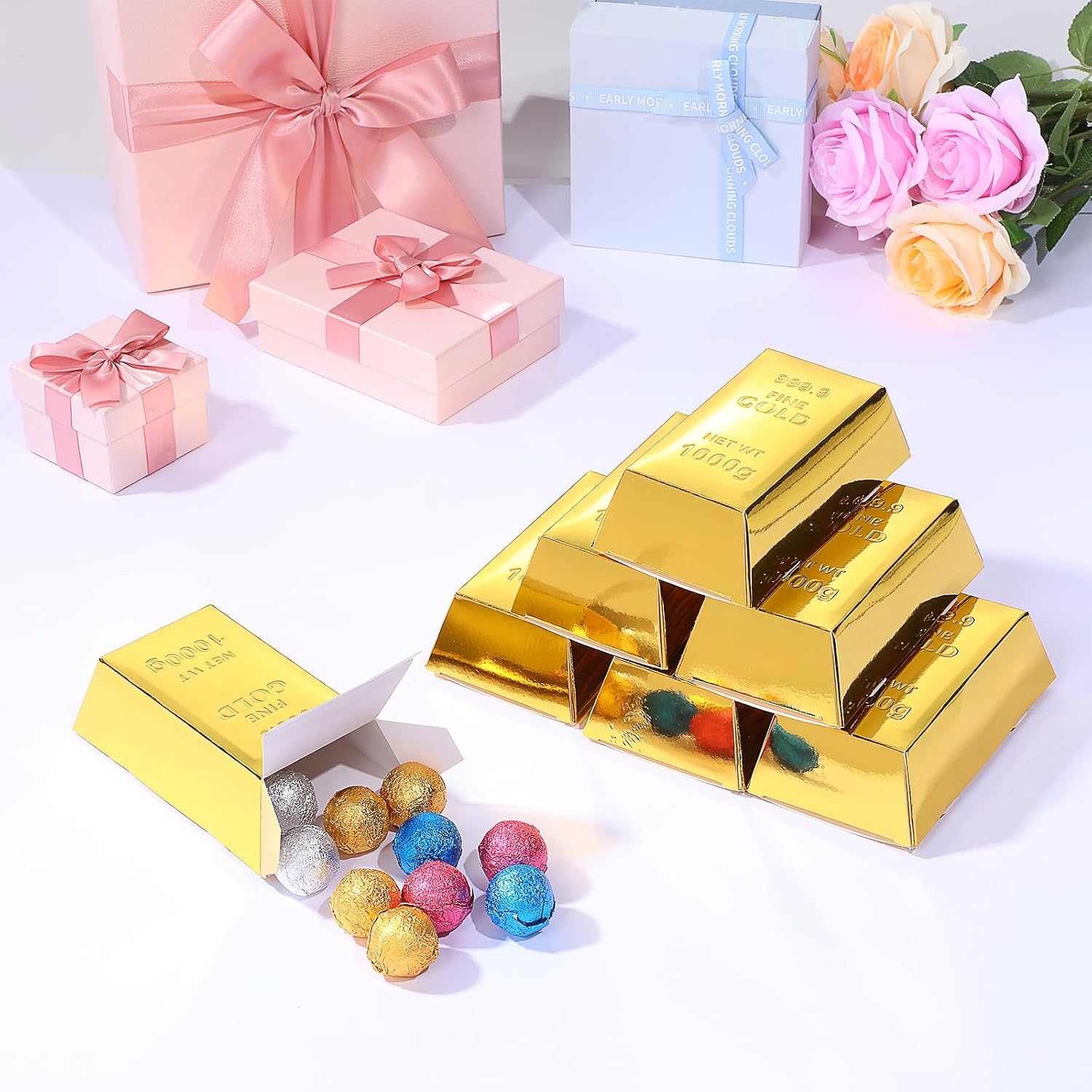 Tobeelec 30 Pcs Gold Bar Fake Gift Box Foil Gold Bar Party Favor Boxes Paper Golden Favor Boxes Treasure Brick for Christmas Party Pirate Casino Theme Party Decorations Candy Treats Chocolate Toys image 4
