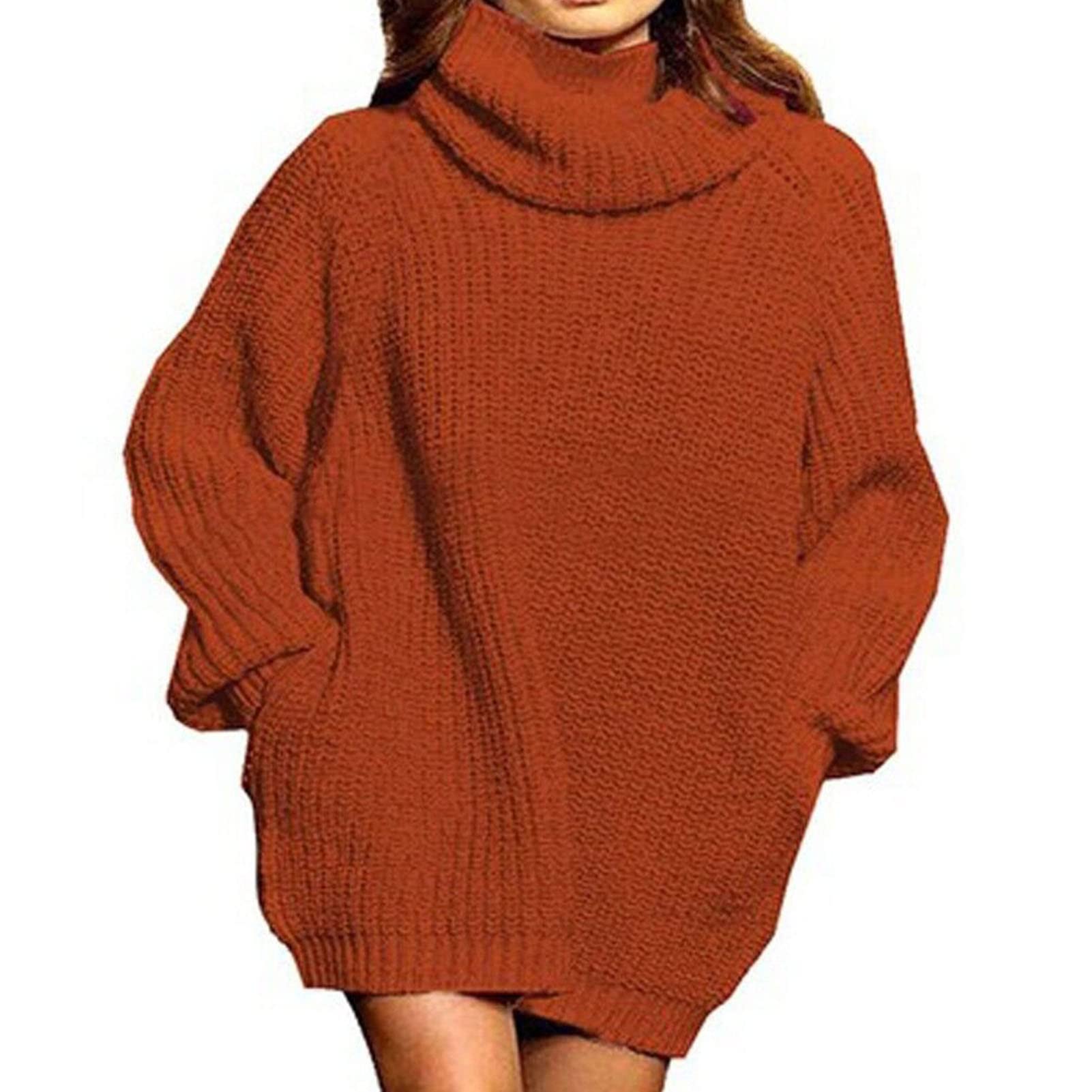 Robe Pull à col roulé Robe Pull à Manches Longues Pull à Col Roulé Robe Femmes à Manches Longues Surdimensionné Décontracté Pull en Tricot Pull Hauts pour L'automne Hiver(XL-Rouge brunâtre)