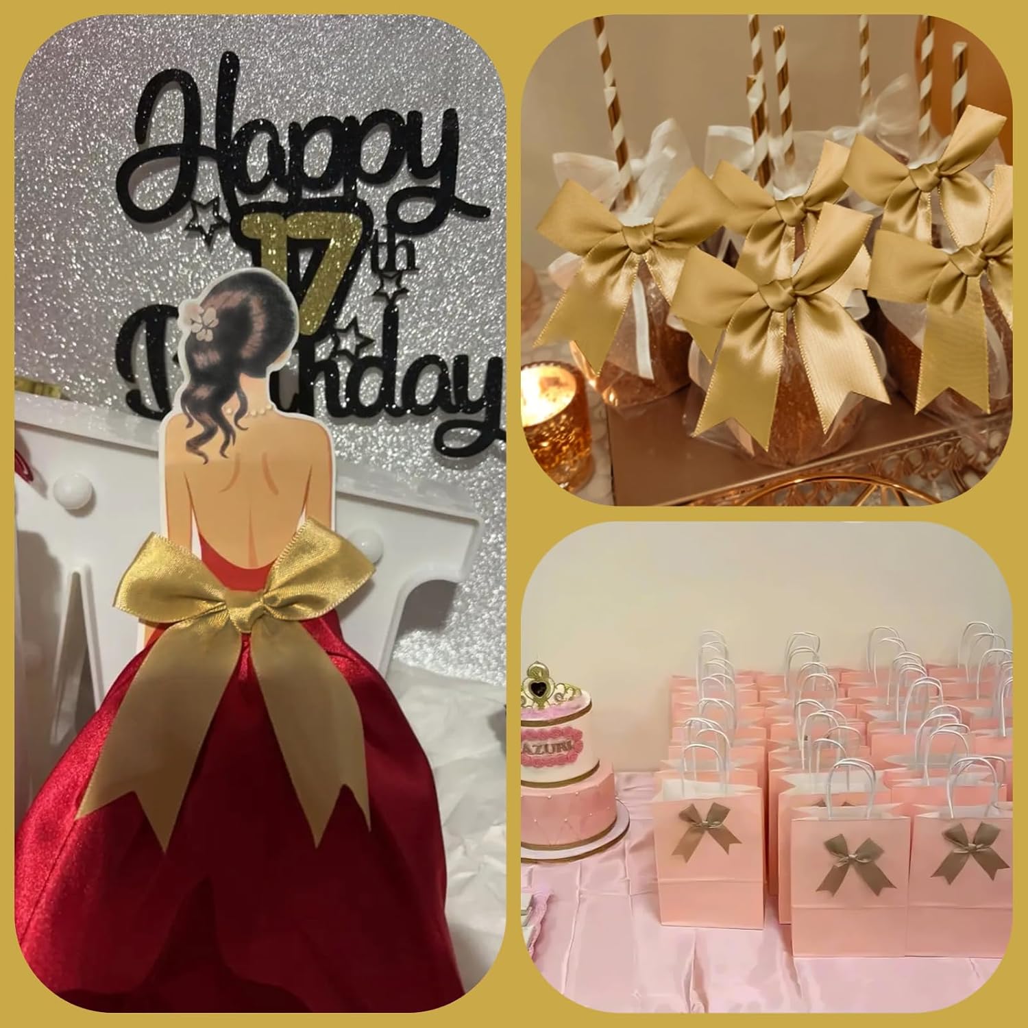 60Pcs Gift Wrap Bows, 3.3" Dark Gold Satin Twist Tie Bows for Gift Wrapping, Versatile DIY Decor for Treat Bags, Holiday Gifts, Wedding Xmas Party Decorations, Bakery Candy Bags, Gift Bags - Image 6