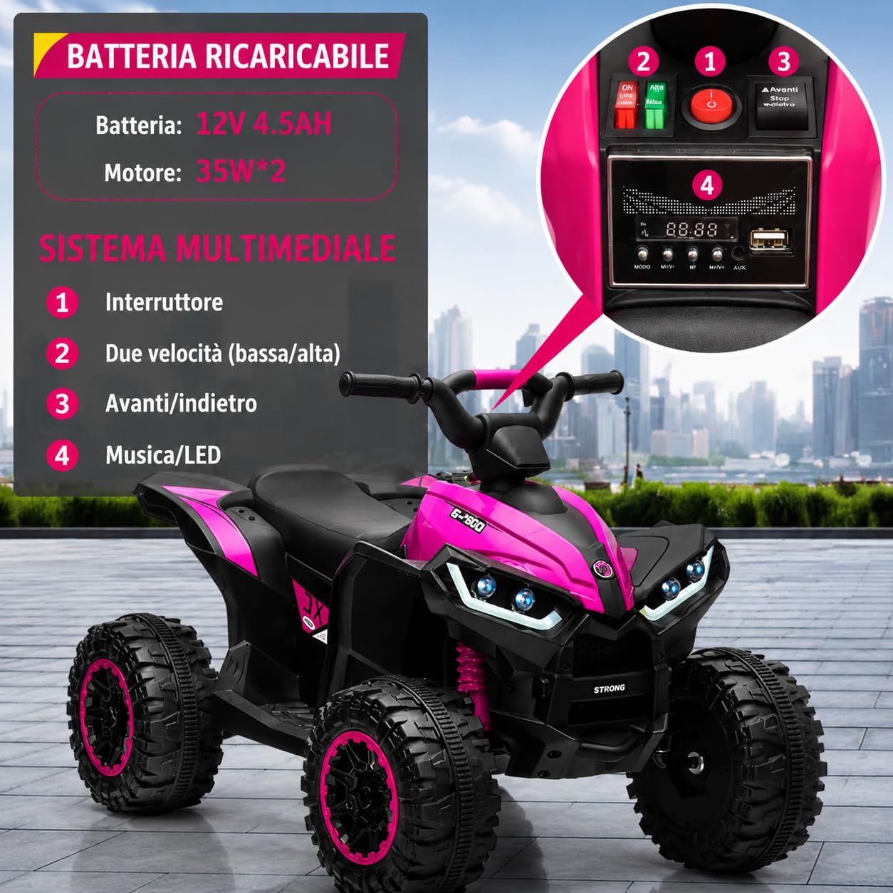 Garvee Quad Elettrico per Bambini 12V ATV con Doppio Motore 35W | Mini Quad con Fari LED, Musica, Clacson, Telecomando, USB, Velocità 3–6km/h, Carico 30kg, per Bambini 3-8 Anni, Rosa
