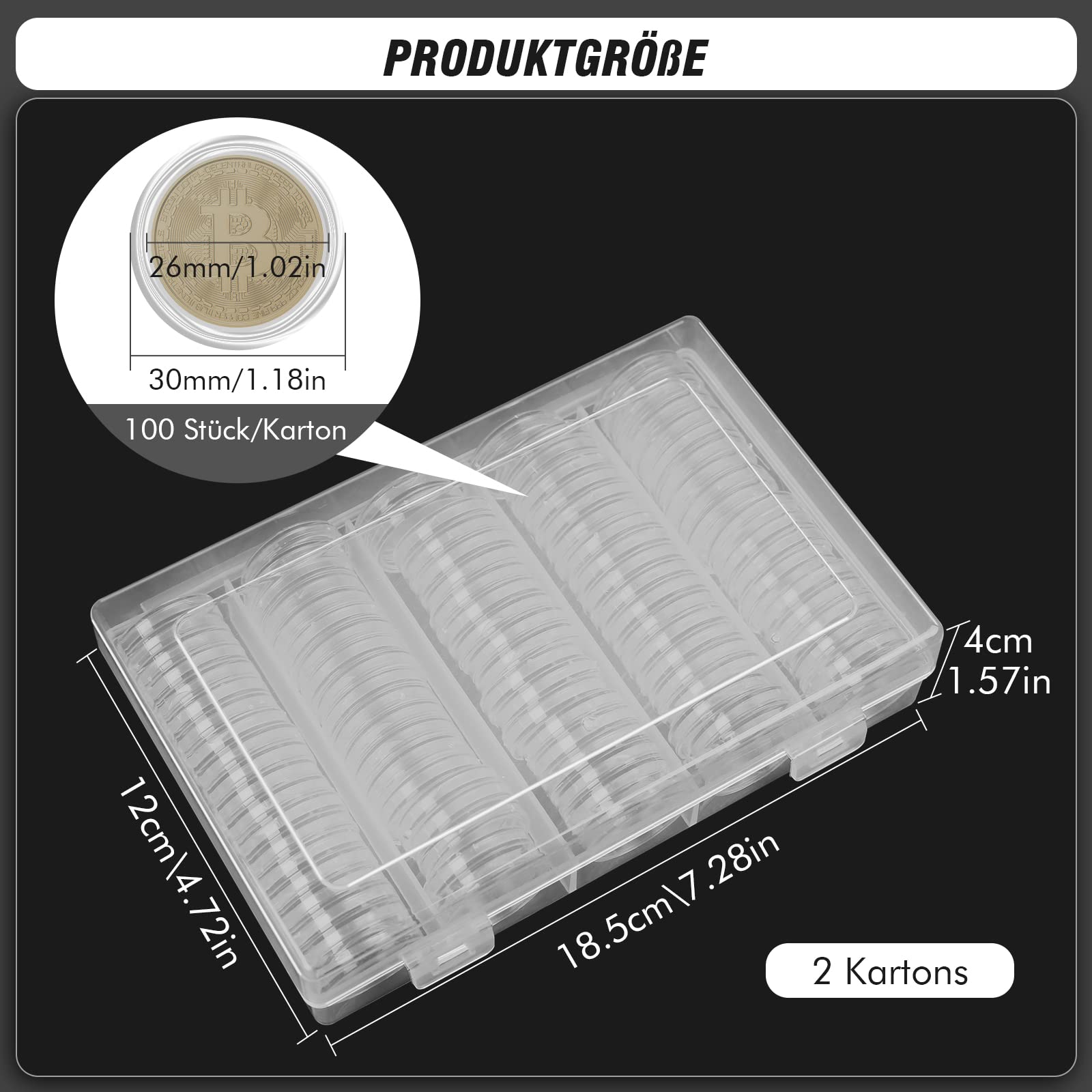 200 capsule da 26 mm per monete da 2 euro con scatola portaoggetti, in plastica trasparente, per monete speciali, pezzi da collezione