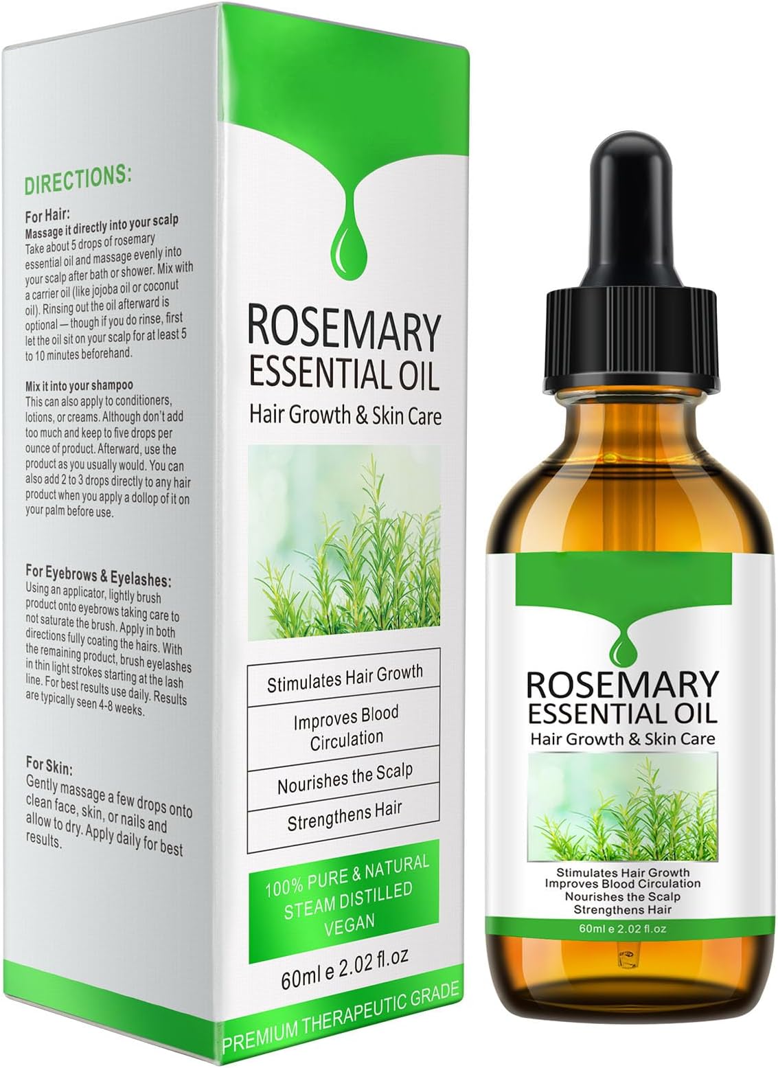 Rosemary Essential Oil for Hair Growth & Skin Care, Improve Hair Loss and Nourishes Scalp for Men and Women, Rosemary Oil for Hair Growth, Promotes Eyebrow and Eyelash Growth