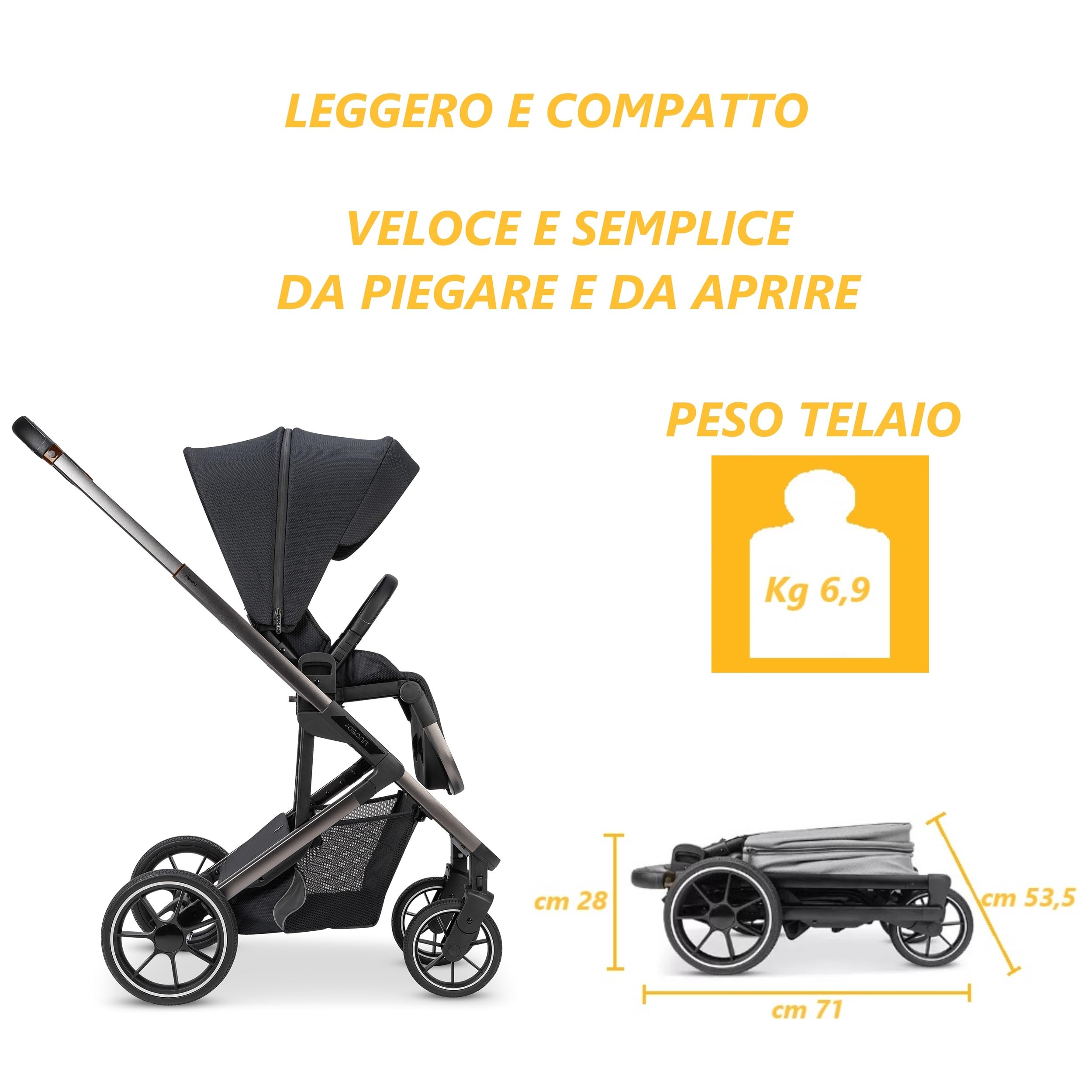Osann Passeggino Navetta Duo Juntos Sistema Combinato - Leggero e compatto - Reversibile - Aerato - Parapioggia anti pioggia - Fronte Mamma - Fronte Mondo (Coal Nero)