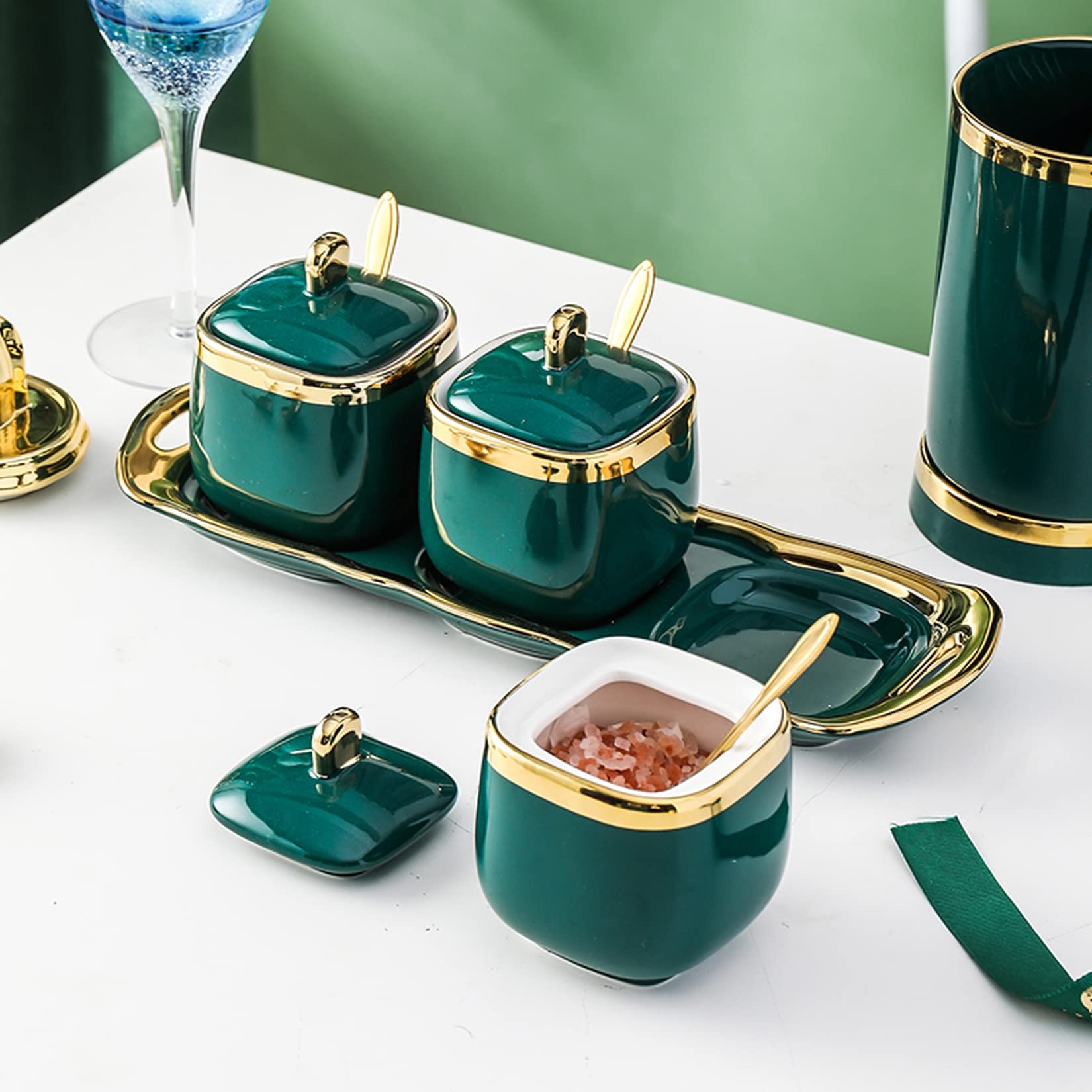 Pots à épices en céramique avec Bordure dorée, Pots à Condiments à Sucre et sel de Cuisine avec couvercles, cuillères et Plateau,Vert