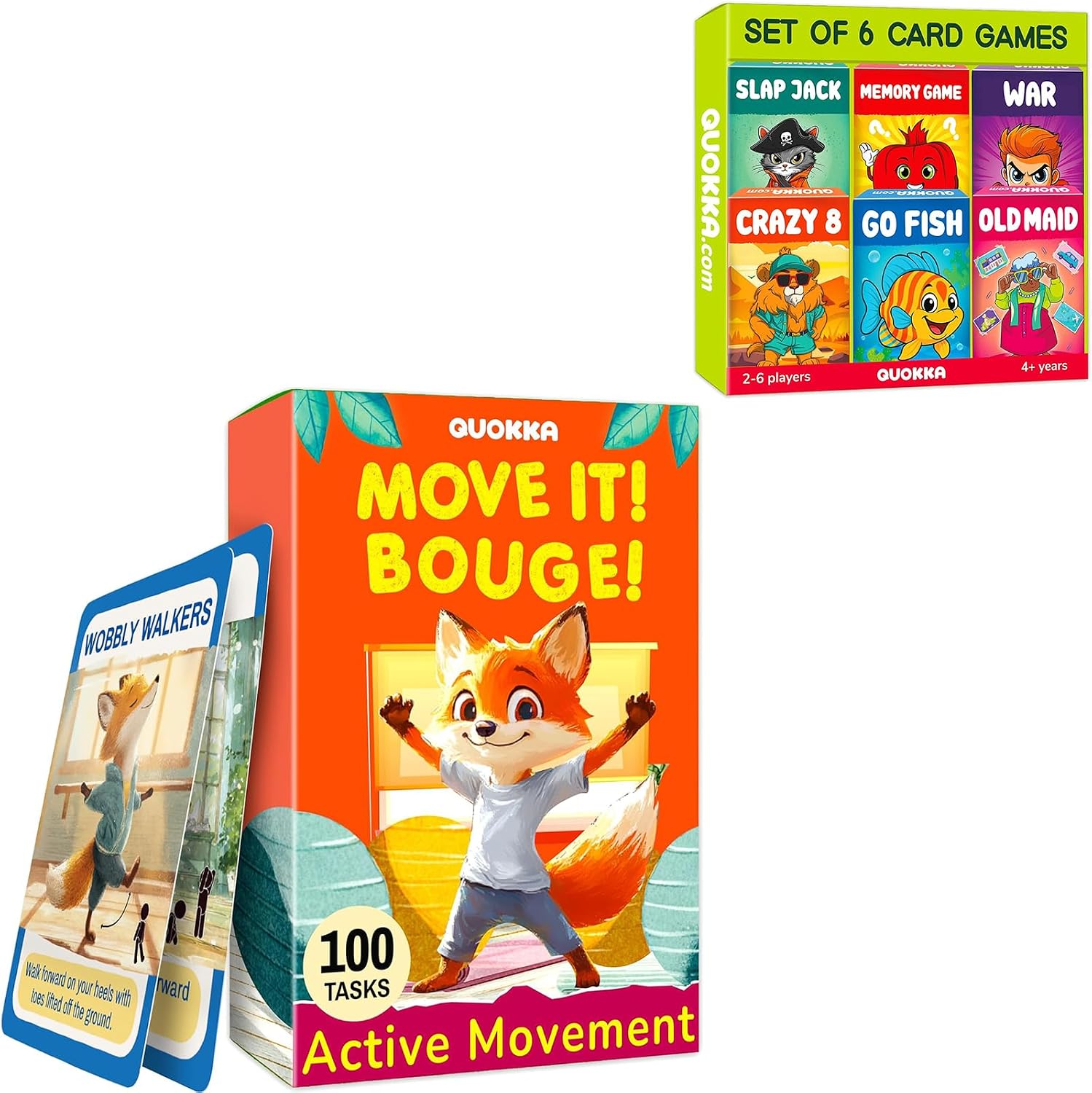 QUOKKA Active Kids Game Bundle – Animal Movement Game 4–8 + 6 Pack Card Games | 2-in-1 Family Party, Travel & Educational Games Set