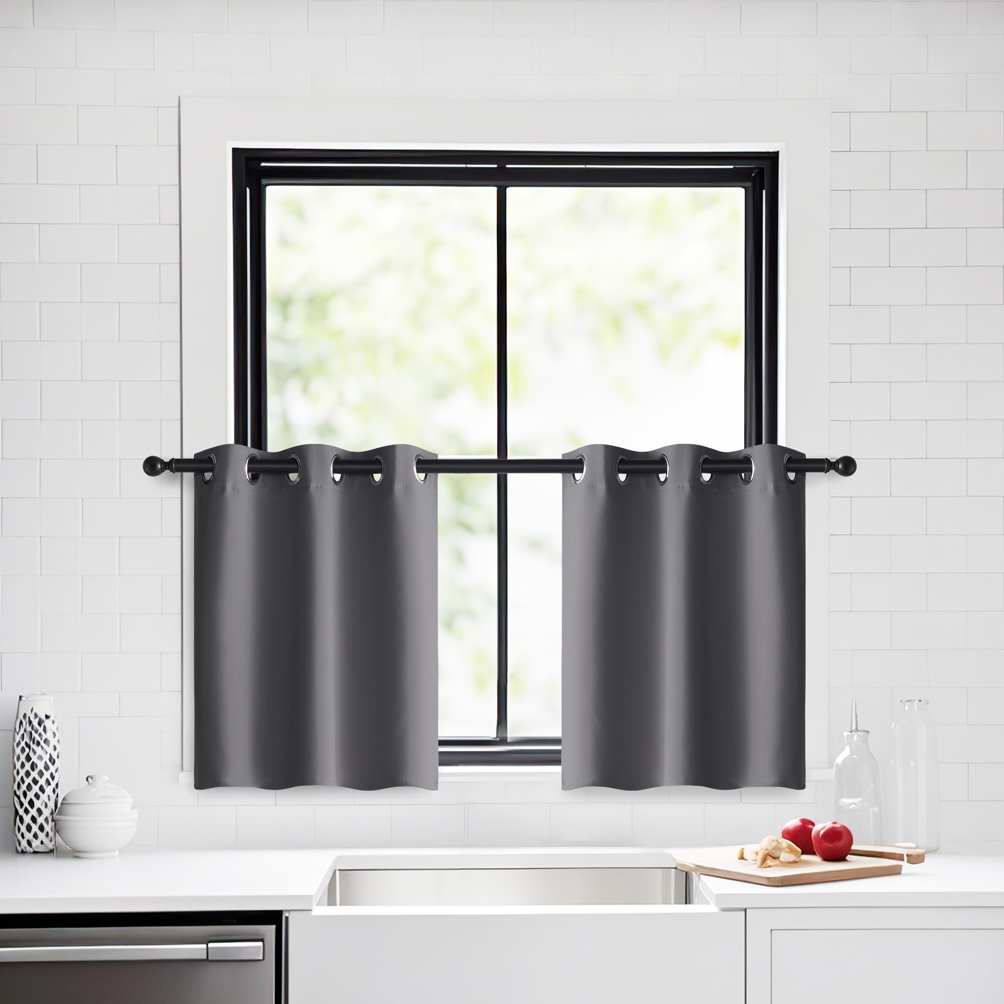 PONY DANCE Short Blackout Curtains 29x24 Inch - Grey, Eyelet Thermal Insulated, Light Blocking, Privacy Protection Curtains & Drapes for Bedroom & Kitchen, 2 Panels