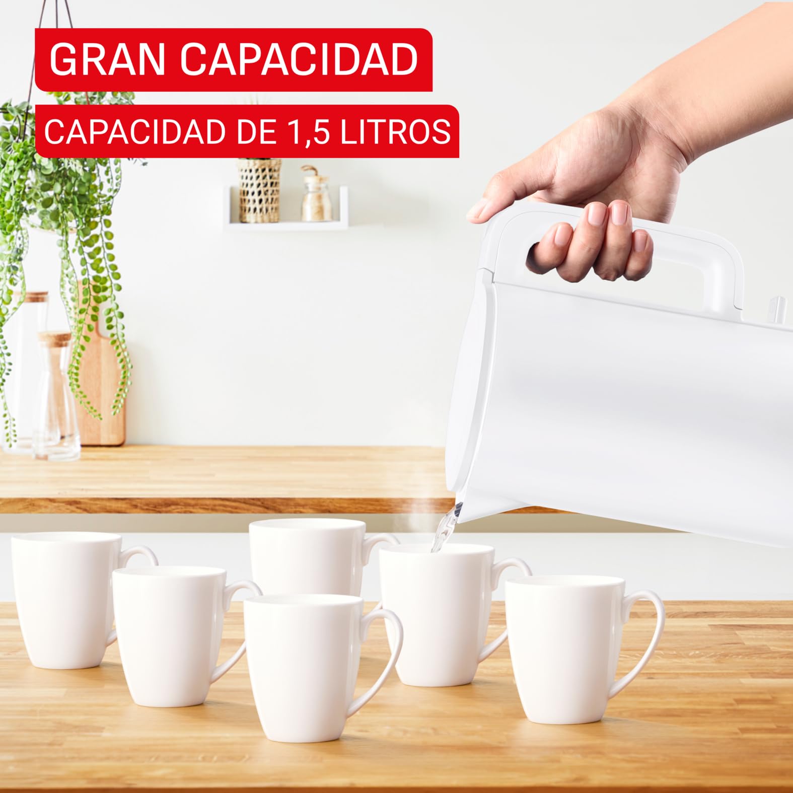 Tefal Thermo Protect Kettle, Hervidor eléctrico de 1500 W, Capacidad de 1,5L, Seguro al tacto, Apagado automático, Filtro extraíble y lavable, Color Blanco, KO1411E0