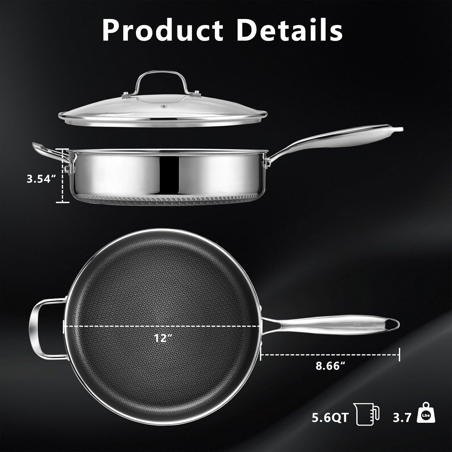 12 Inch Frying Pan Nonstick with Lid, 5.6QT Hybrid Ceramic Deep Saute Pan & Skillet, Tri-Ply Stainless Steel for Even Heat, PFOA/PFOS Free, Induction & Oven Safe