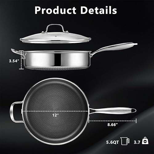 Miniatura 7 de Sartén antiadherente de 12 pulgadas con tapa, sartén y sartén de cerámica híbrida de 5.6 cuartos de galón, acero inoxidable de tres capas para calor