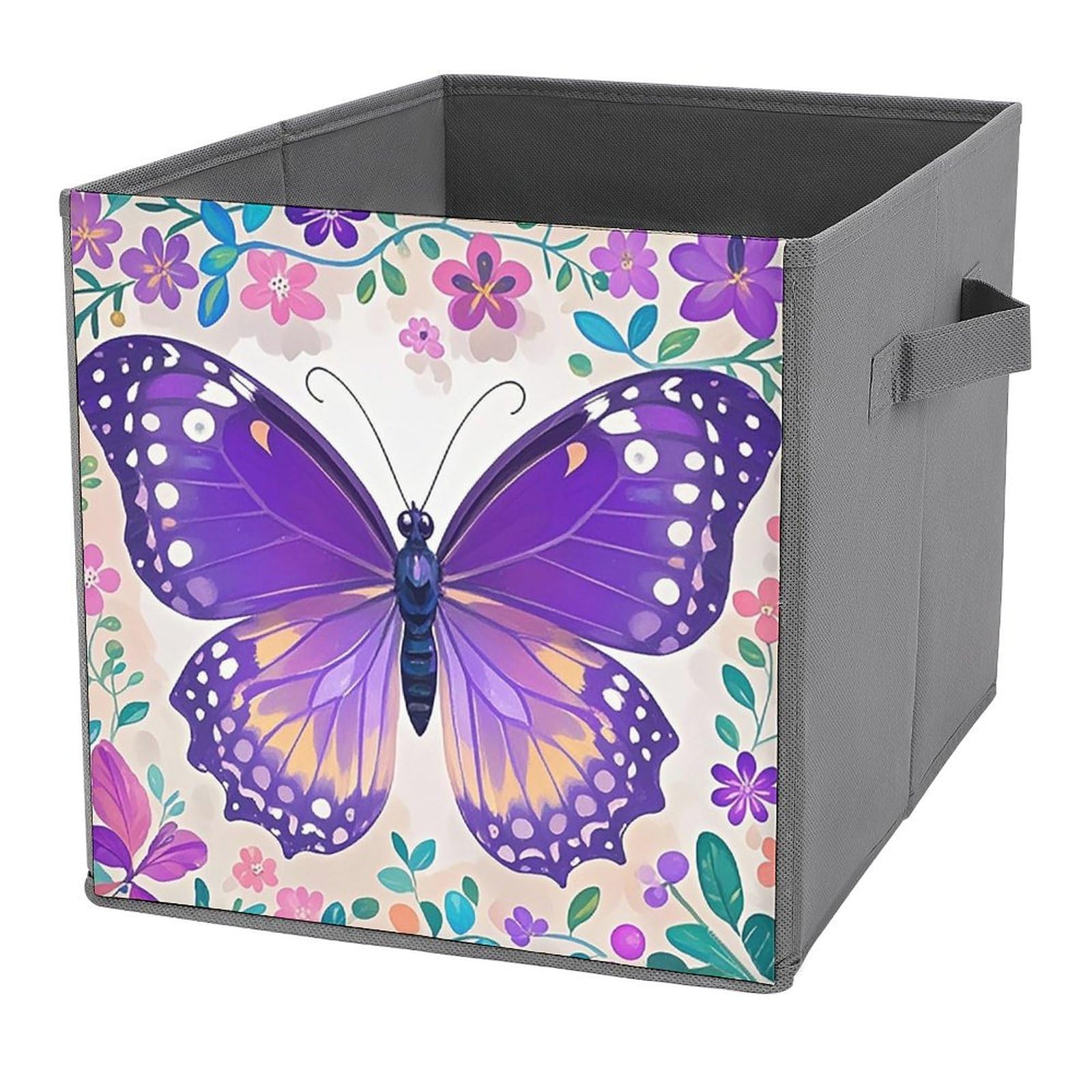 Boîtes de rangement en tissu papillon violet et poignées cuir pour linge de maison
