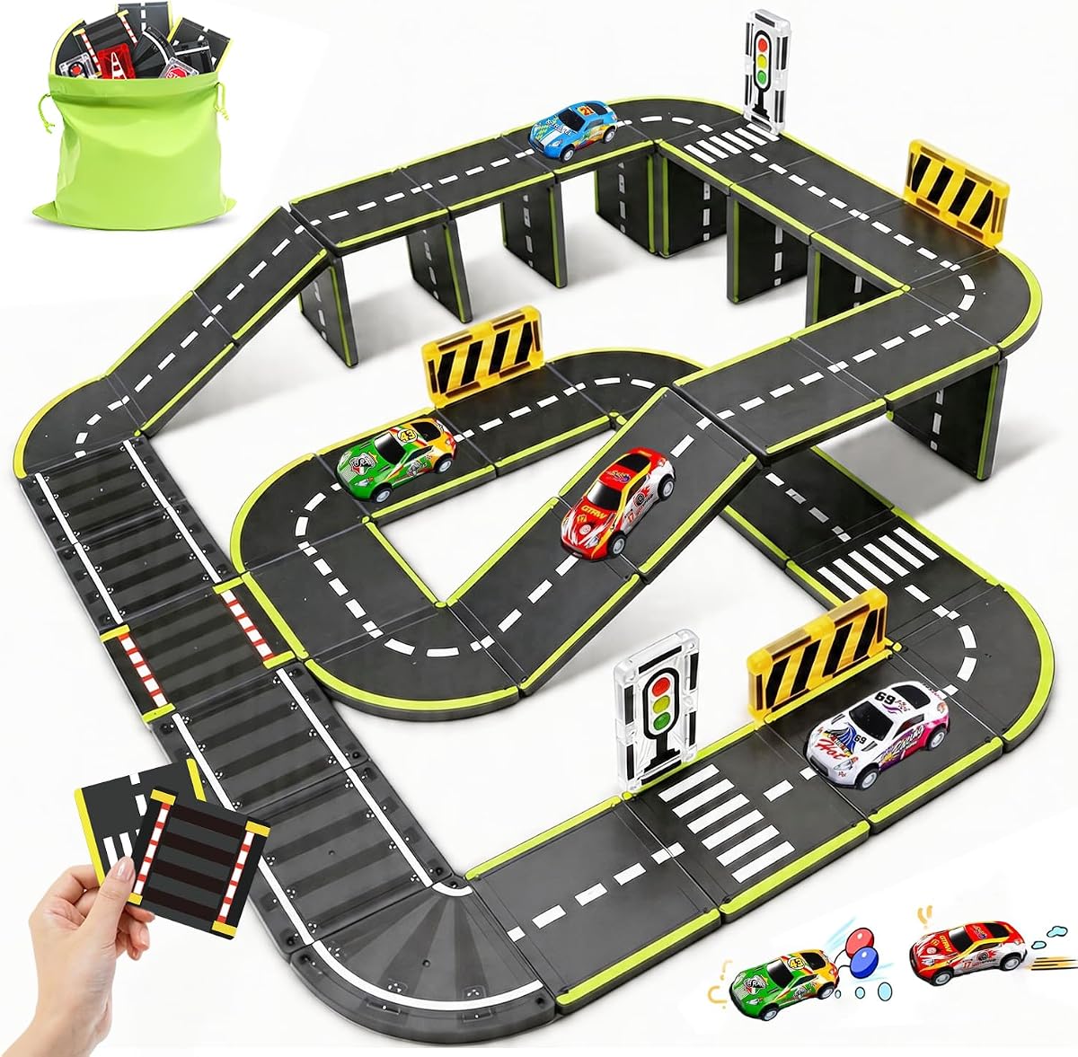 Juego de Carreteras de Azulejos Magnéticos, 26 Piezas Grandes Bloques Magnéticos de Doble Cara con Autos de Retroceso y Señales de Tráfico, Juguetes STEM para Niños de 4 a 8 Años, Regalos Creativos para Niños y Niñas de 3+ Años