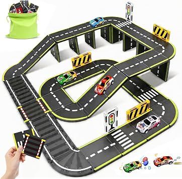 Magnetic Tiles Road Set, 45Pcs Large Double Sided Magnetic Blocks with Pullback Cars & Traffic Signs, STEM Toys for Kids Ages 4-8, Creative Gifts for 3+ Years Old Boys Girls