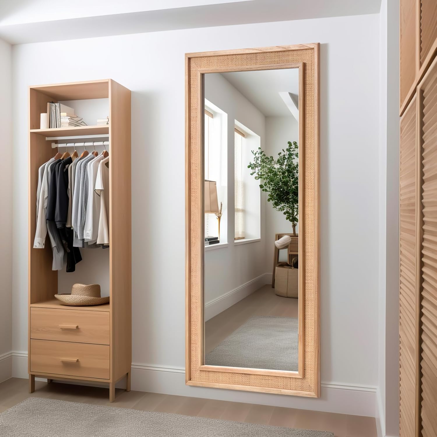 Rattan Full Length Mirror 24"x60" Long Wooden Full Body Mirror Hanging Decorative Farmhouse Rectangle Floor Mirror for Bathroom Living Dressing Room Nature