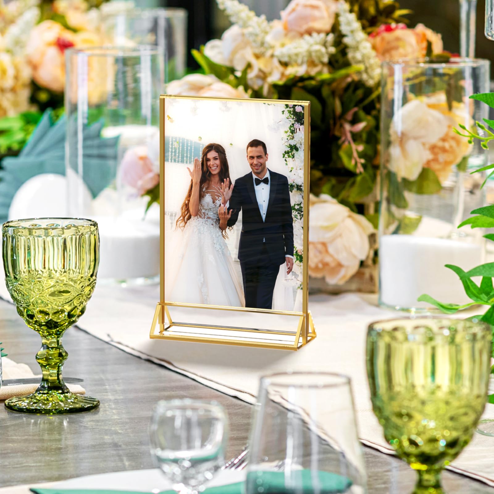 AITEE Soporte dorado A5 para carteles: paquete de 6 soportes de mesa de menú de acrílico transparente vertical de doble cara para números de mesa de boda, banquetes, exhibición de letreros de