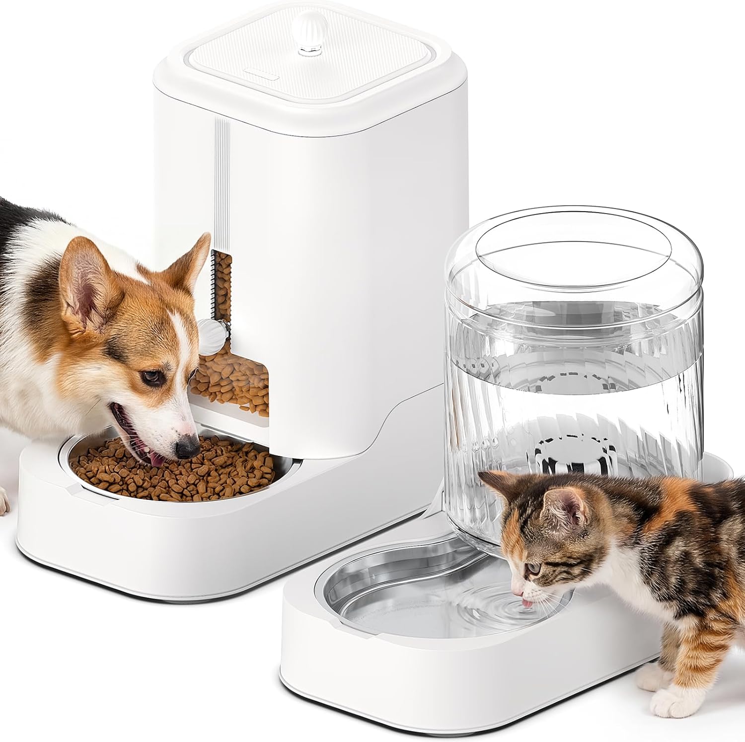 Automatic Cat Feeder Dog Water Bowl Dispenser Set with Stainless Steel Bowl, Adjustable Food Dispensing & Keep Food Dry, Auto Pet Feeder and Waterer for Cats and Dogs