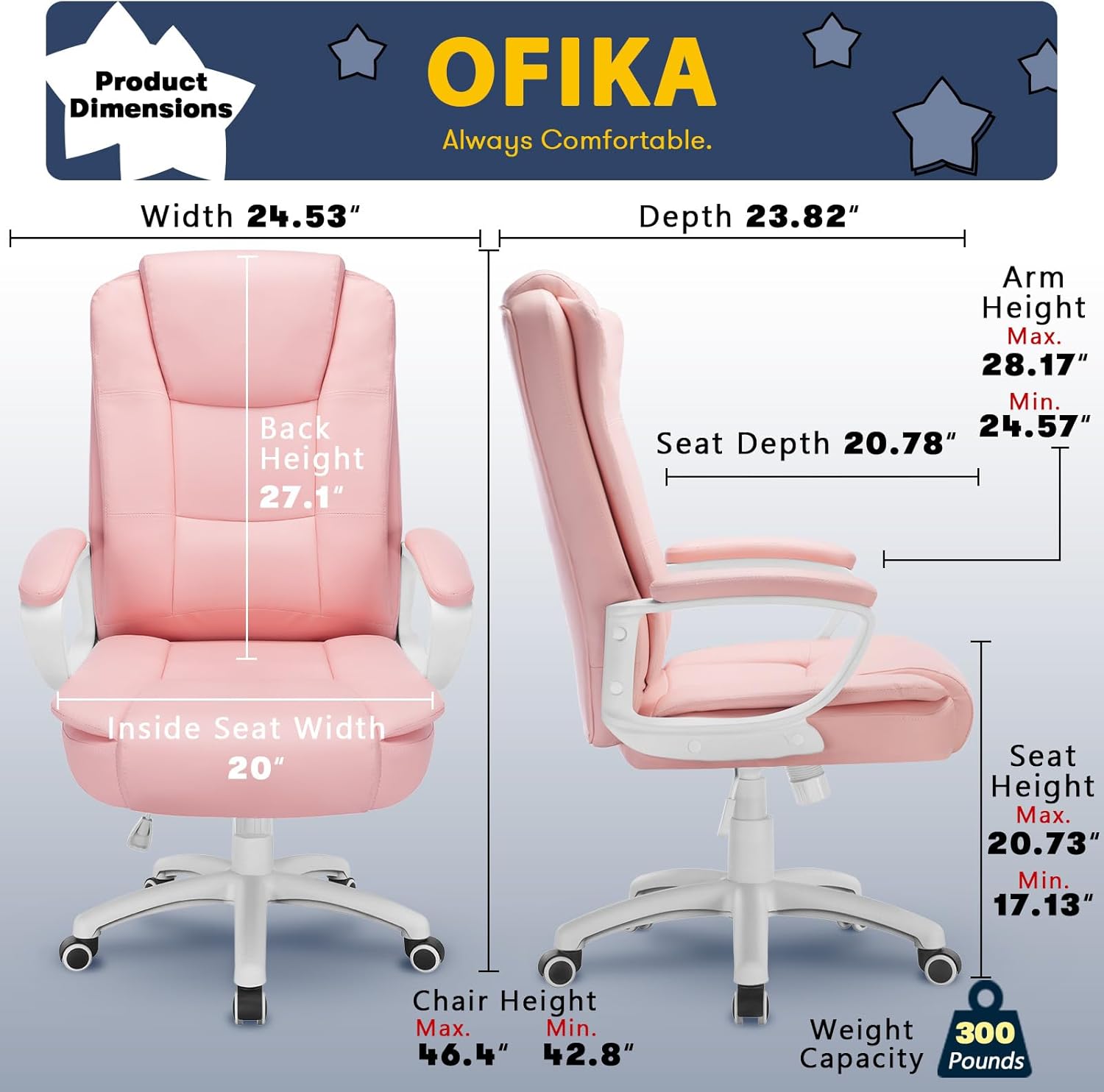 OFIKA Home Office Chair, Ergonomic Desk Chair, Adjustable Task Chair for Lumbar Back Support, Computer Chair with Rolling Swivel and Armrest, Modern Executive High Back Leather Chairs (Pink) thumbnail
