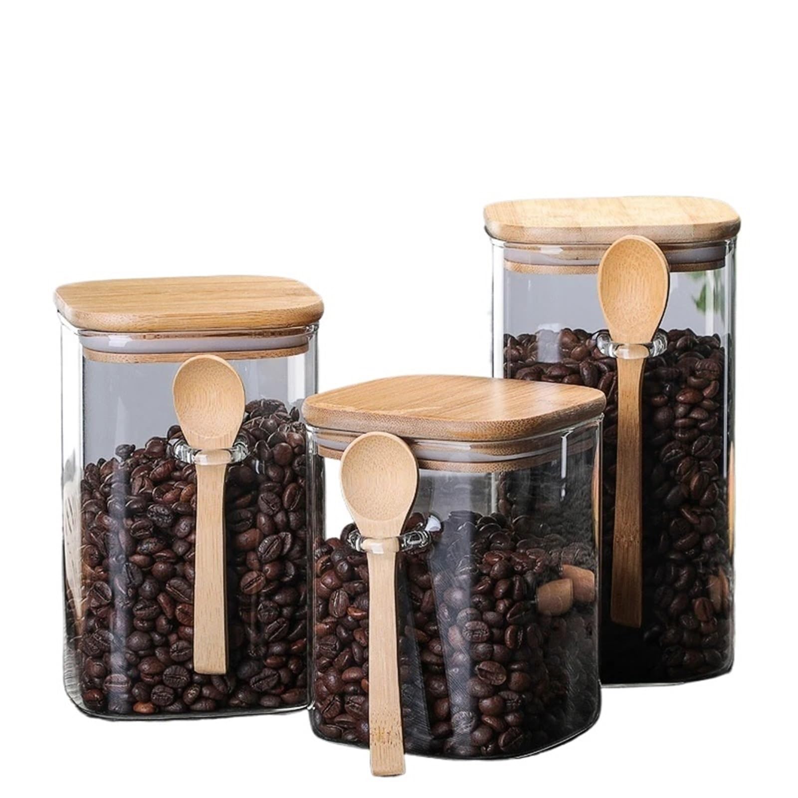 LSNNMU 1set Glass Storage Containers With Spoon And Lid For Food Coffee Grains Dried Fruit Kitchen Container Organizer For Preserving