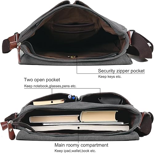 Miniatura 5 de Bolso bandolera mensajero de lona vintage para hombres y mujeres, bolsa de hombro de viaje para laptops de 13.5 pulgadas, bolsa para libros (gris)