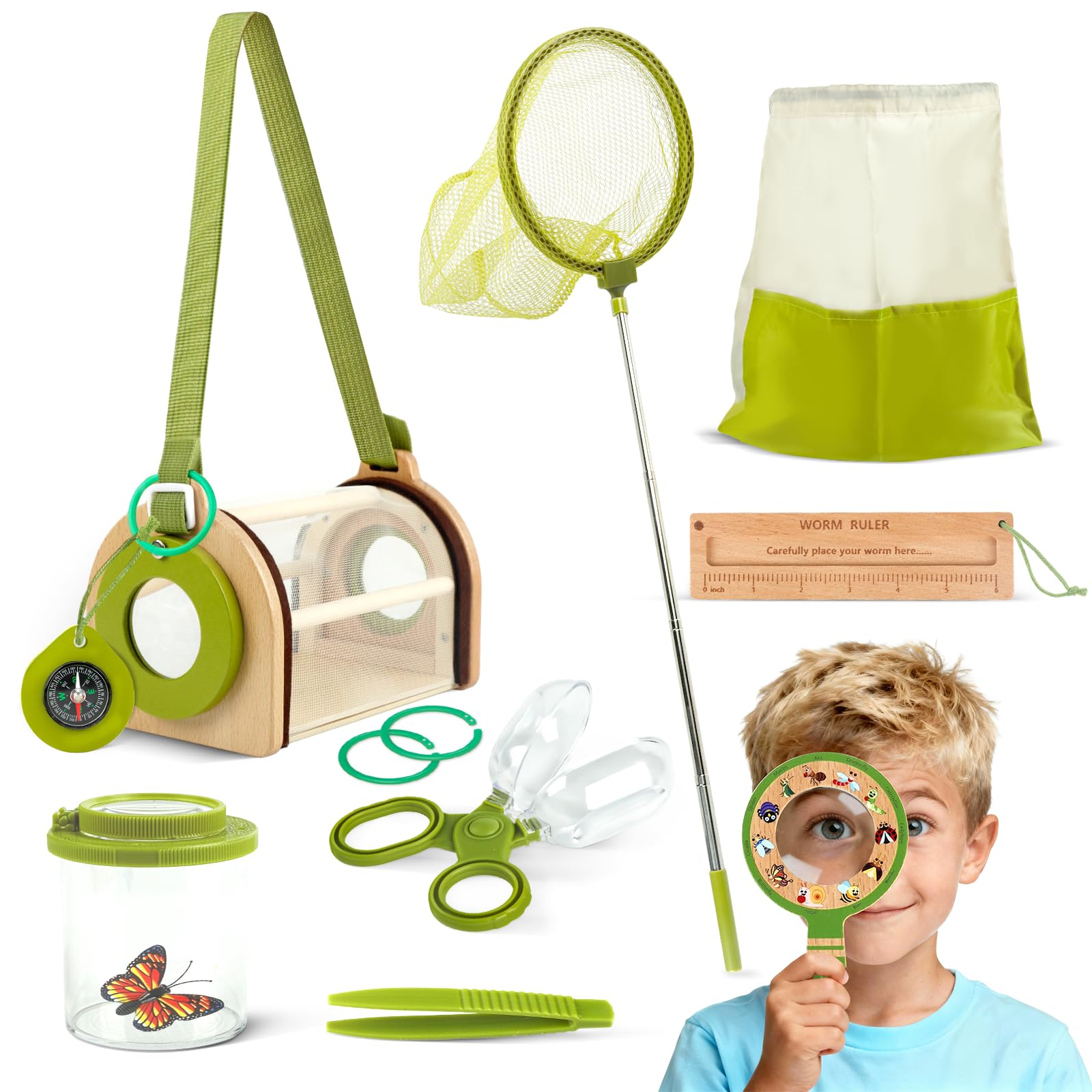 Bug Catcher Kit for Kids, Outdoor Explorer Toy Set with Butterfly Net, Wooden Magnifying Glass & Bug Container &Other Adventure Kit for Backyard Bugs Hunting and Camping Gifts for Boys Girls Age 3-12
