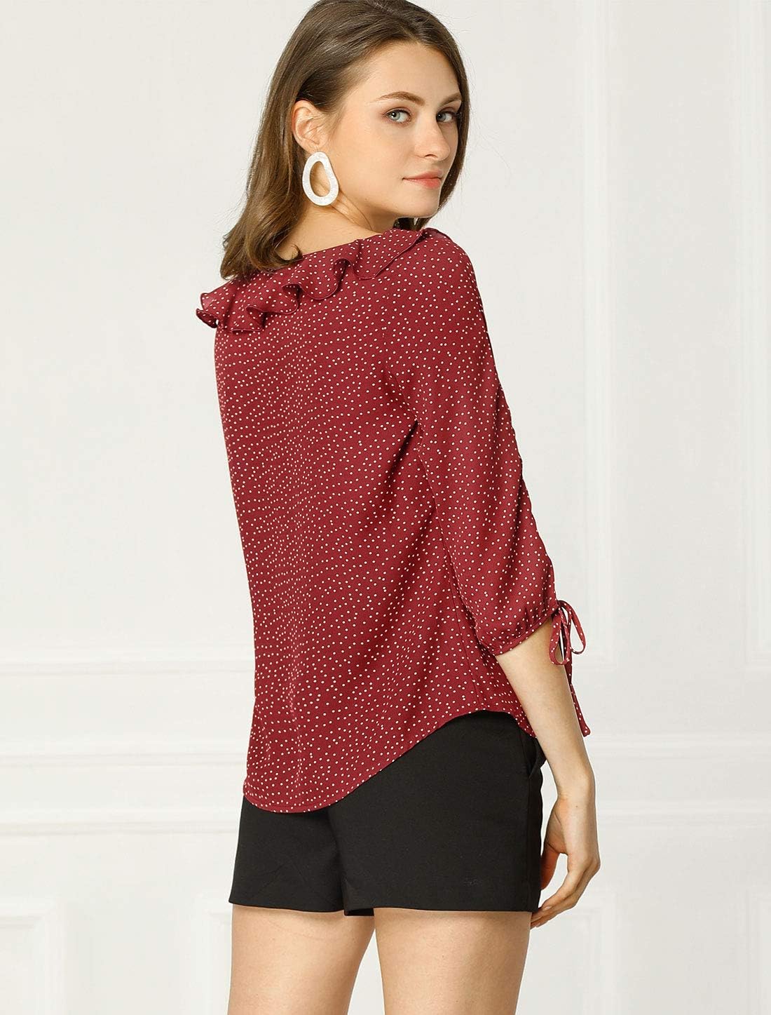 Allegra K Women's Ruffled Collar Polka Dots Shirt 3/4 Sleeve Vintage Blouse - Image 5