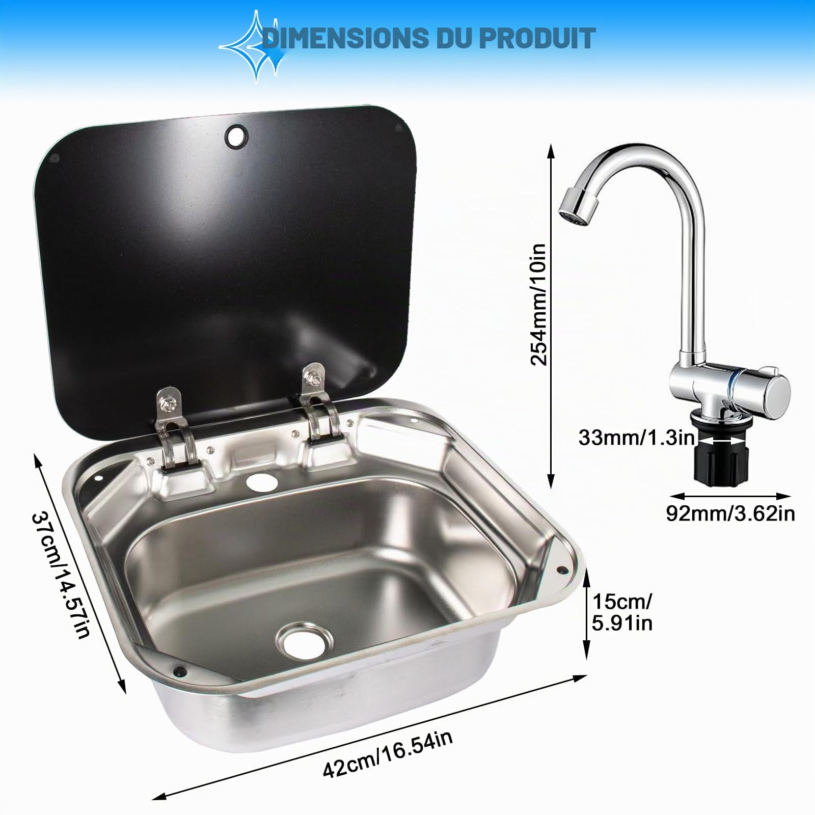 Évier de cuisine avec couvercle, 41,9 x 37,6 x 15 cm, en acier inoxydable 304 avec robinet pivotant à 360° pliable et couvercle en verre trempé pour caravane, camping-car, camping-car