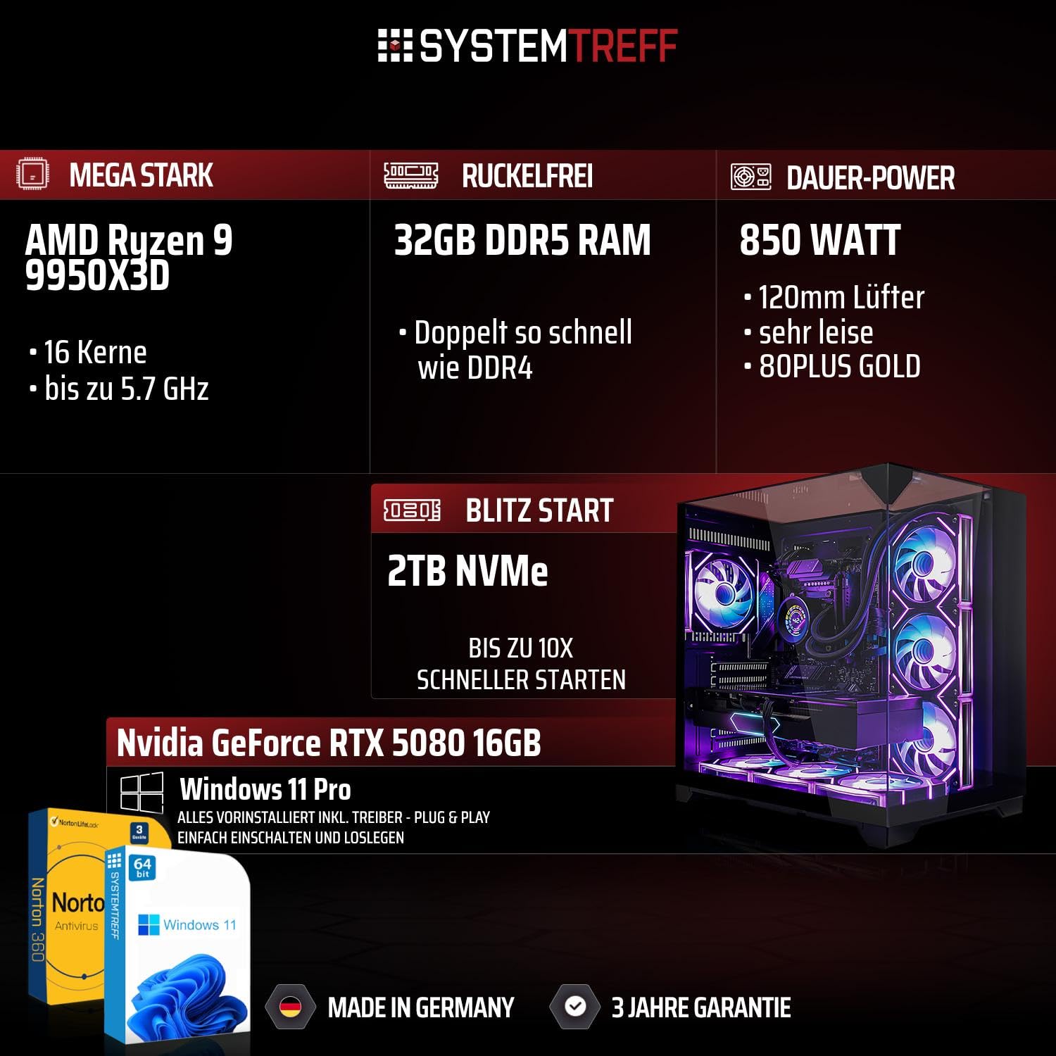 SYSTEMTREFF High-End Gaming PC AMD Ryzen 9 9950X3D 16x5.7GHz | Nvidia RTX 5080 16GB DX12 | 2TB M.2 NVMe | 32GB DDR5 RAM | Windows 11 | Desktop Computer Rechner für Gamer, Zocker & Streamer