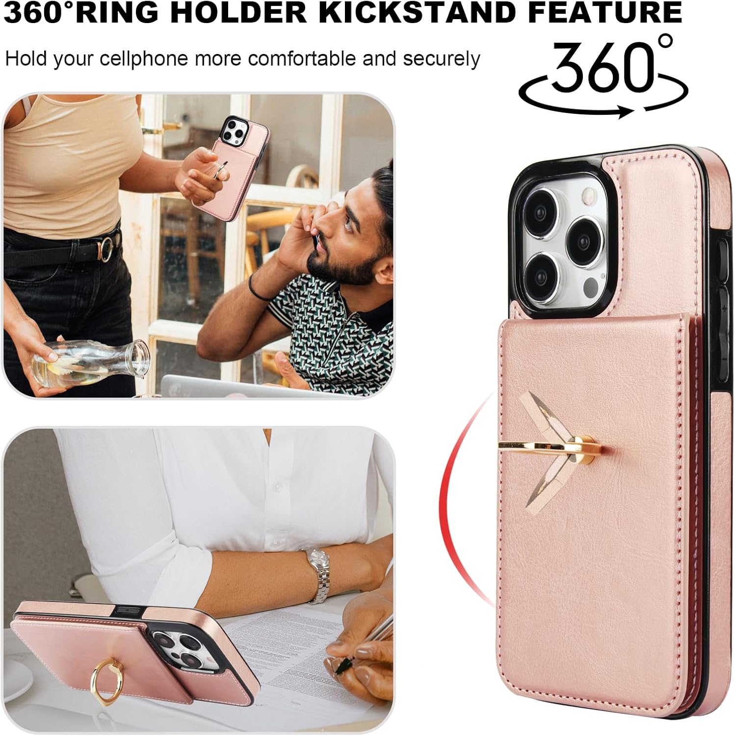 KIHUWEY for iPhone 15 Pro Max Case Wallet with Credit Card Holder, 360° Rotation Ring PU Leather Magnetic Clasp Kickstand Heavy Duty Protective Cover for Women and Men 6.7 Inch (Rose Gold) - Image 4