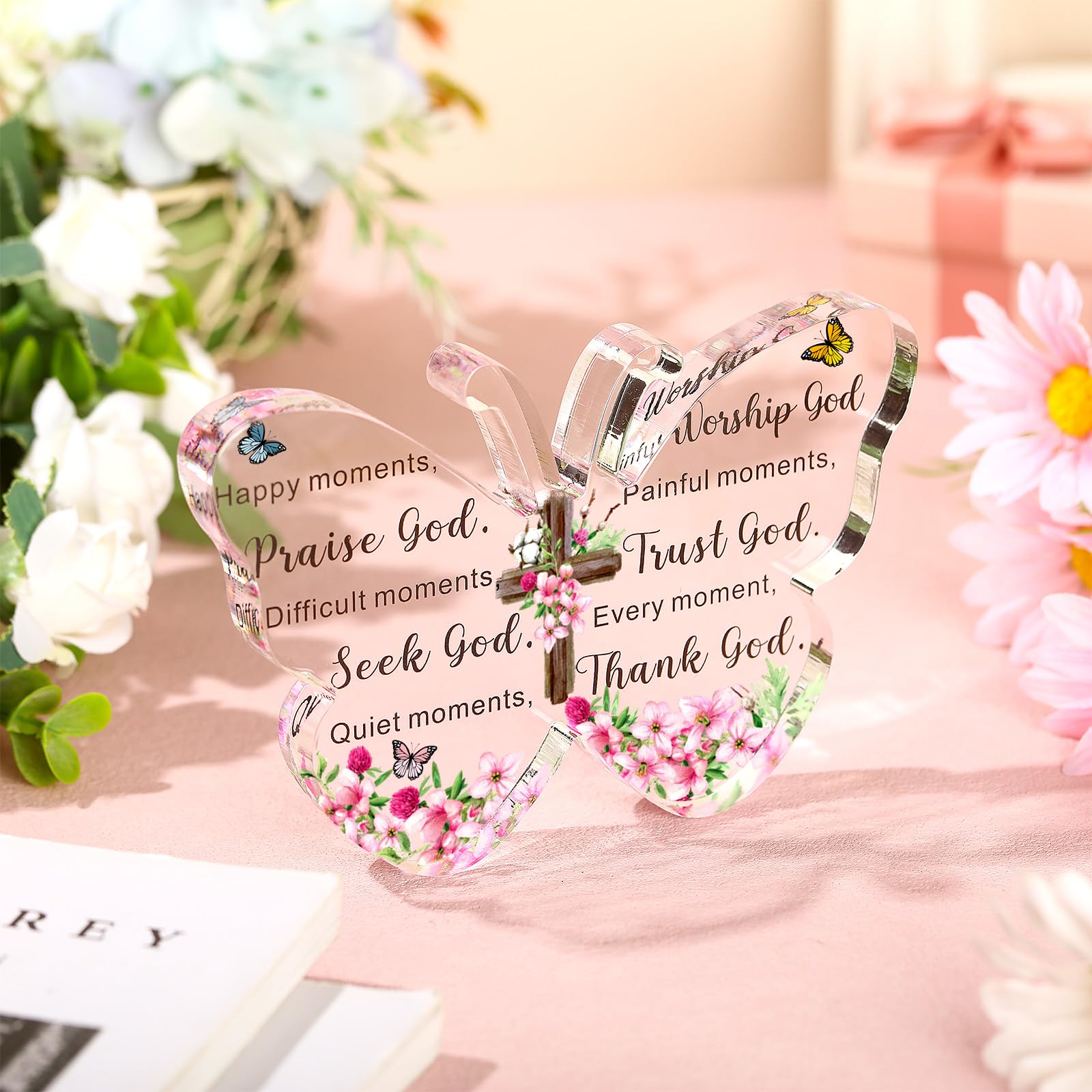 Barydat Acrylic Christian Gifts Bible Verses Religious Gifts for Women Men Inspirational Scripture Gifts Butterfly Prayer Room Decor Faith Keepsake Paperweights for Christmas Home (Praise God) - Image 2