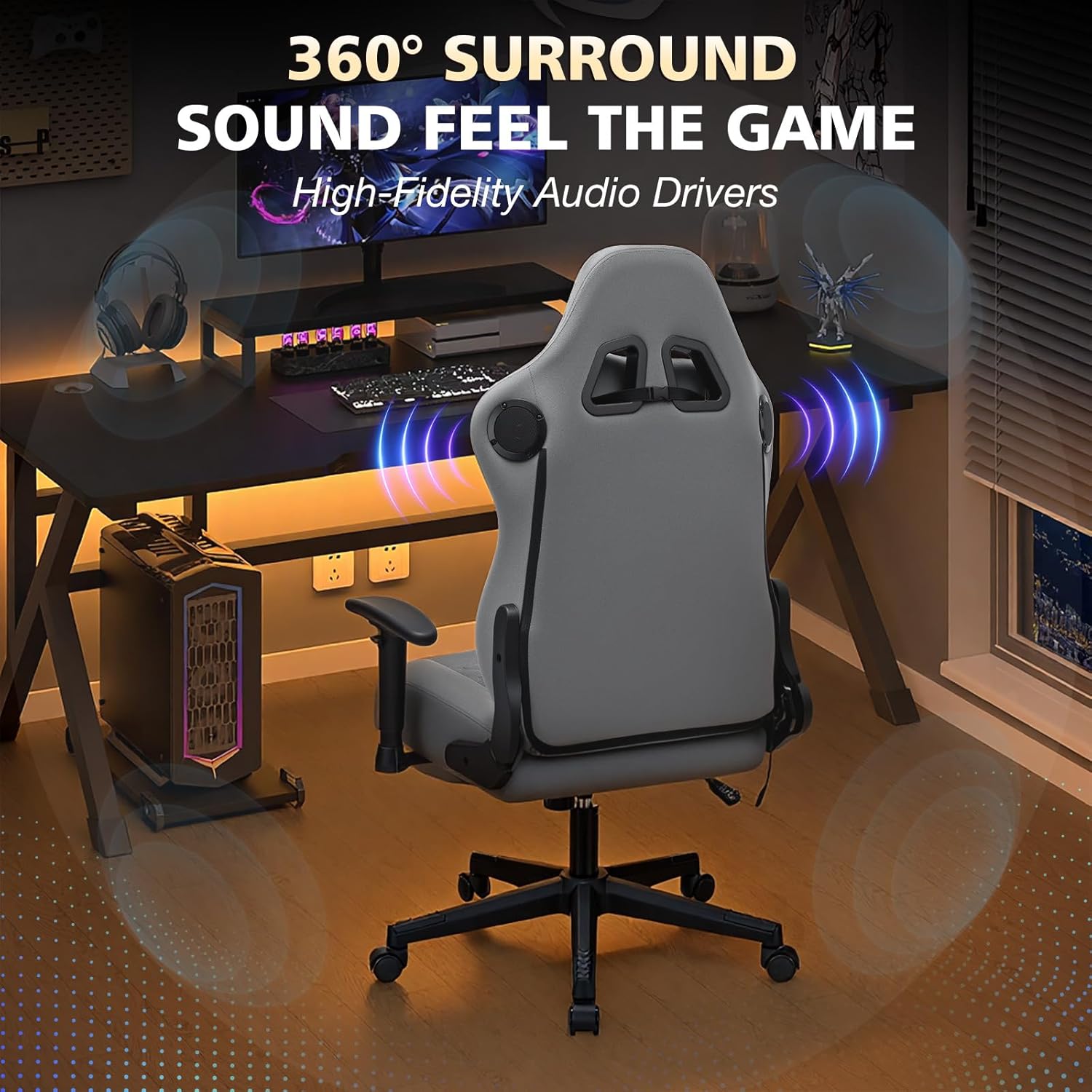 HOFFREE Gaming Chair Suede Fabric with Speakers Massage Gaming Chairs with Pocket Spring Cushion 165° Reclining Computer Office Chair for Adults Ergonomic Computer Chair with Footrest Grey