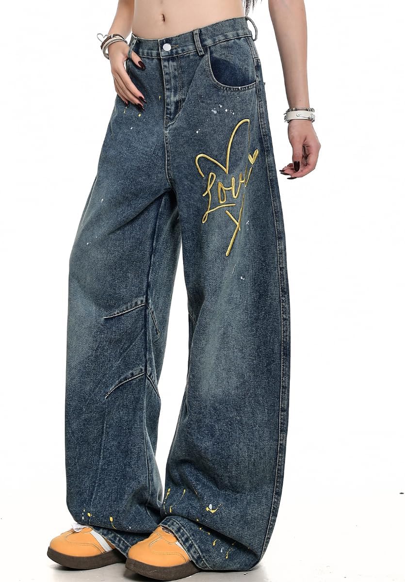 Fashion Vintage Wide Leg High Waisted Jeans Y2K Casual Cute Embroidered Graffiti Baggy Denim Pants