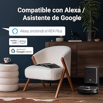 Robot Aspirador y Friegasuelos con Base Autovaciado, Succión 4000Pa, Navegación LDS LiDAR & Detectores Infrarrojos de Obstáculo, Detección Alfombras/Caídas, App/Alexa/Google,RE4 Plus Negro5